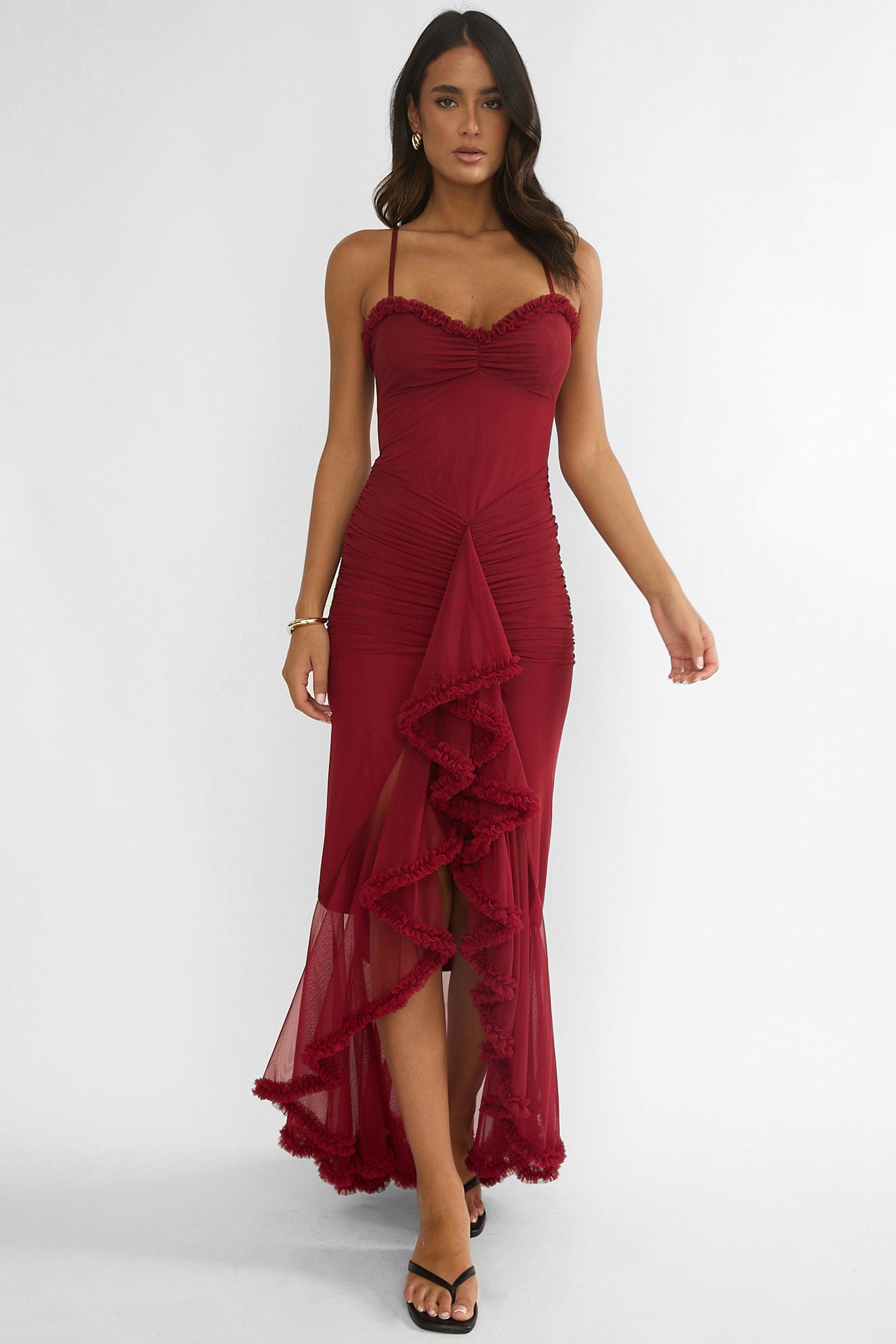 Noelia Gathered Waist Frill Trim Maxi Dress Wine– Selfie Leslie