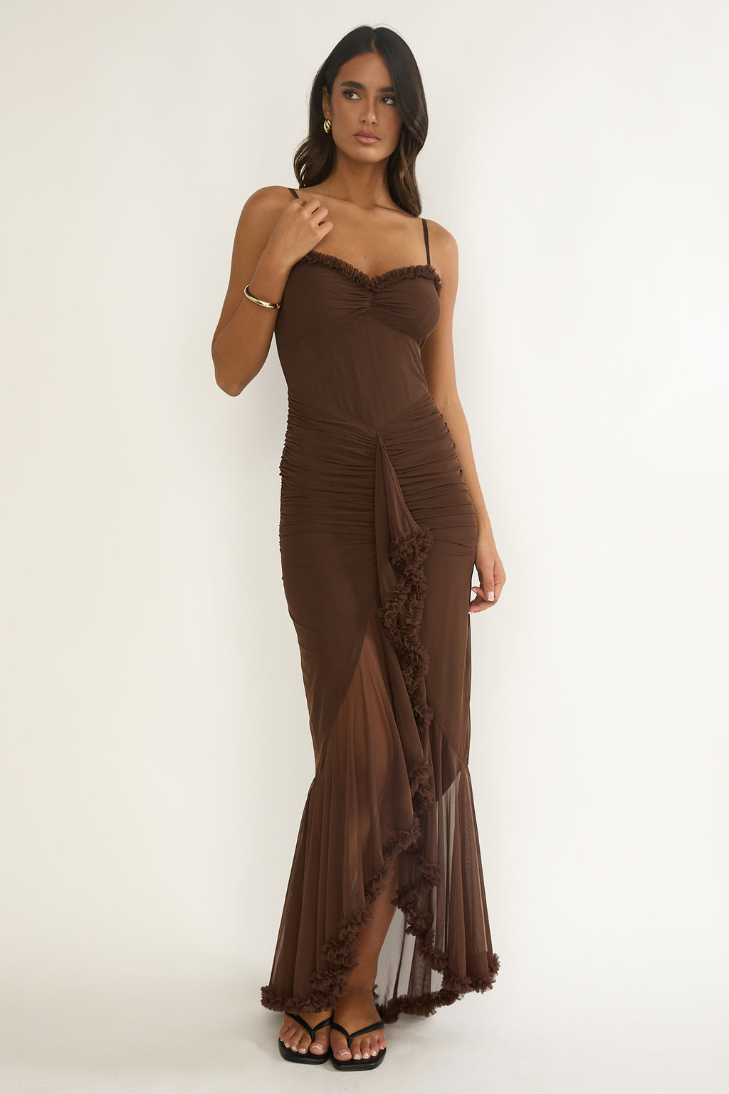 Noelia Gathered Waist Frill Trim Maxi Dress Chocolate by Selfie Leslie