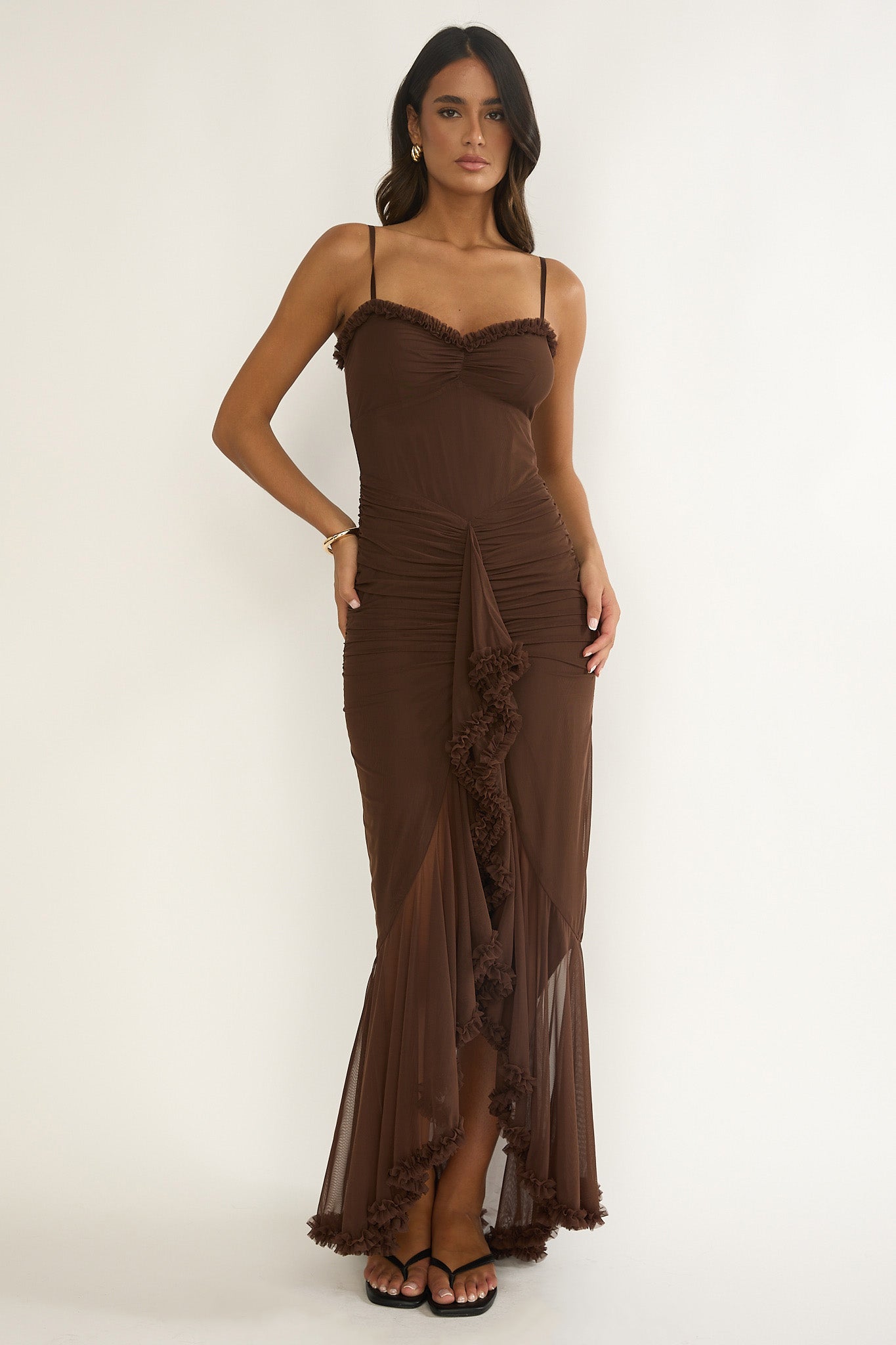 Noelia Gathered Waist Frill Trim Maxi Dress Chocolate– Selfie Leslie