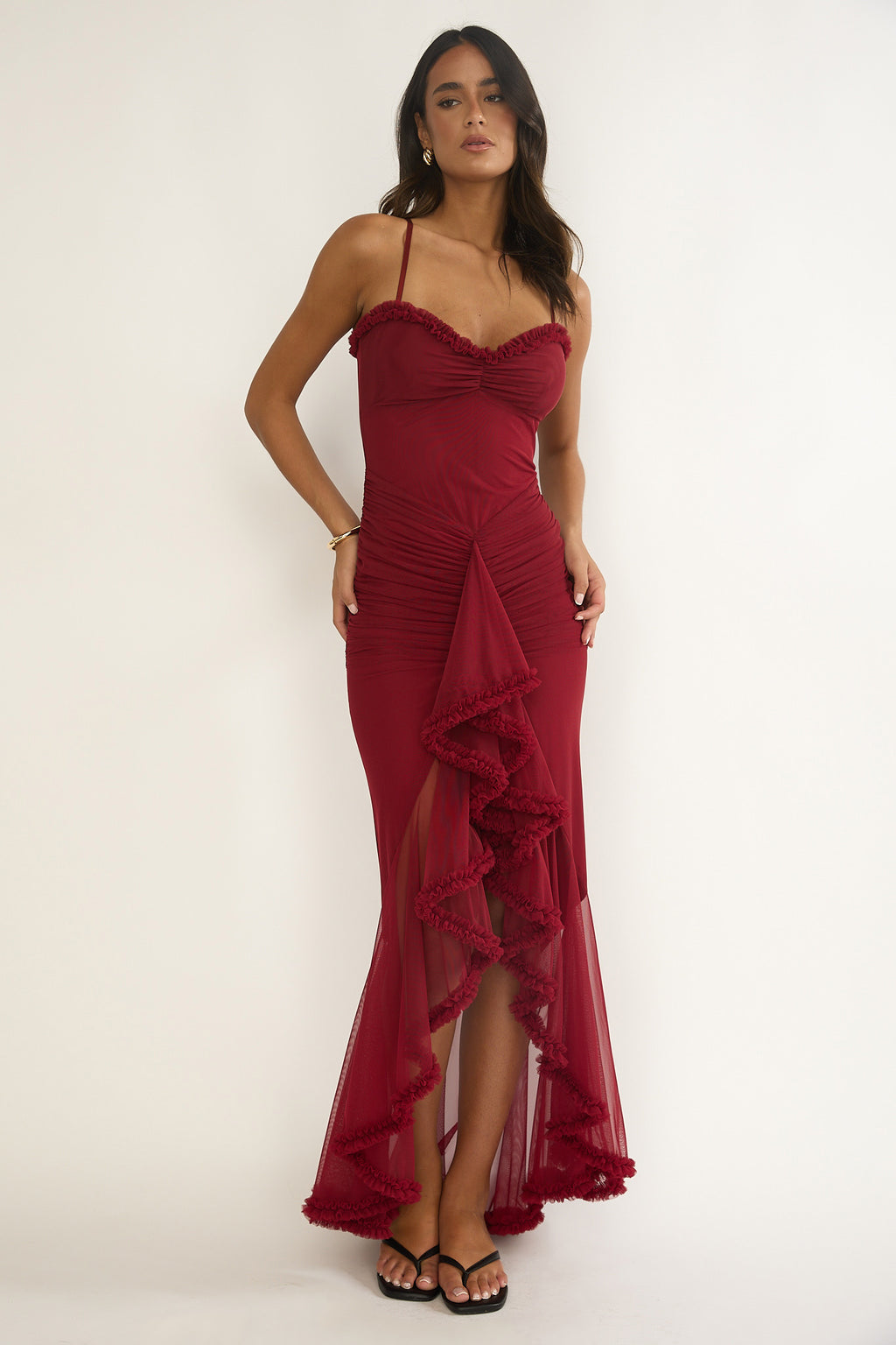 Noelia Gathered Waist Frill Trim Maxi Dress Wine by Selfie Leslie