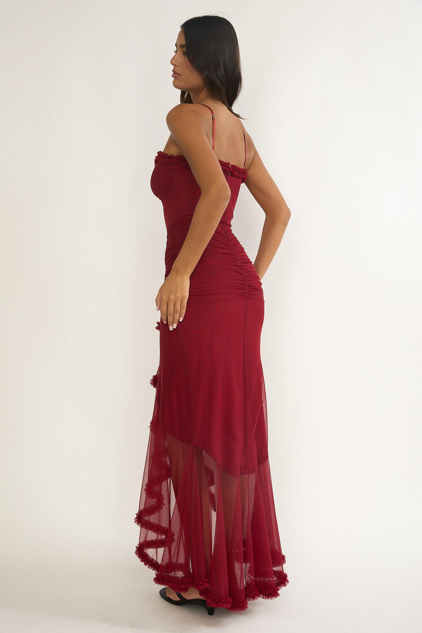 Noelia Gathered Waist Frill Trim Maxi Dress Wine | Selfie Leslie