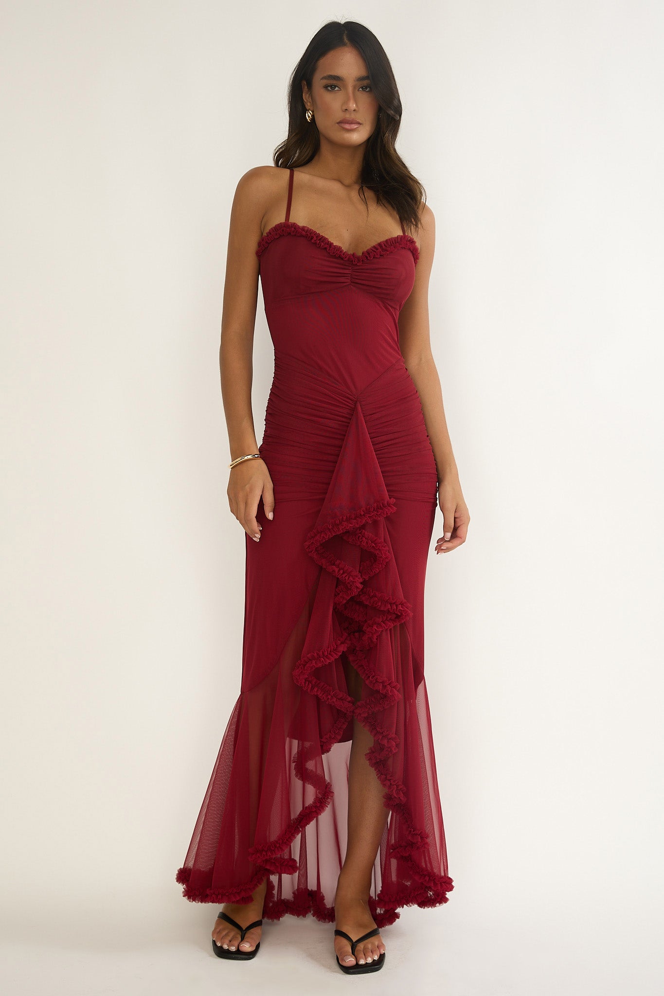 Noelia Gathered Waist Frill Trim Maxi Dress Wine– Selfie Leslie