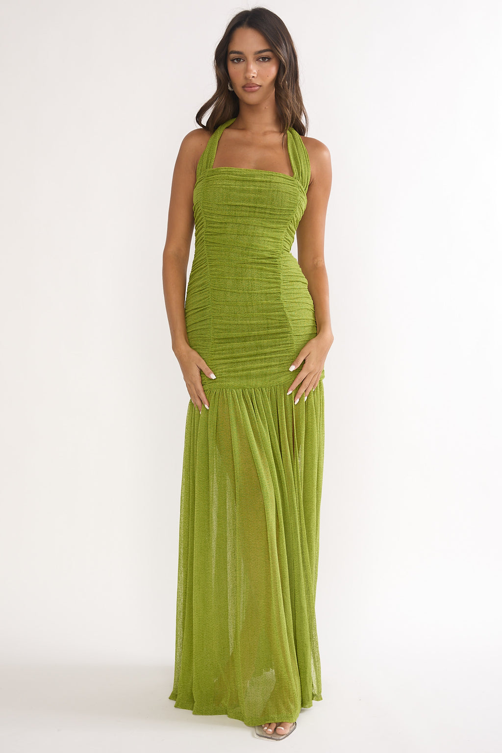 Galinda Ruched Bodice Halterneck Maxi Dress Olive by Selfie Leslie