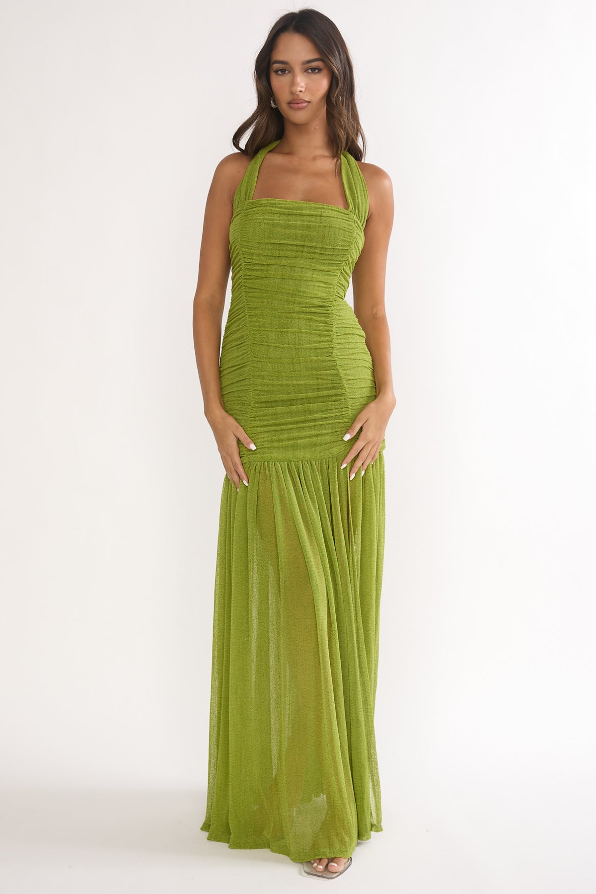 elisha ruched halter dress in green Galinda Bodice Halterneck Maxi Olive Festival Summer