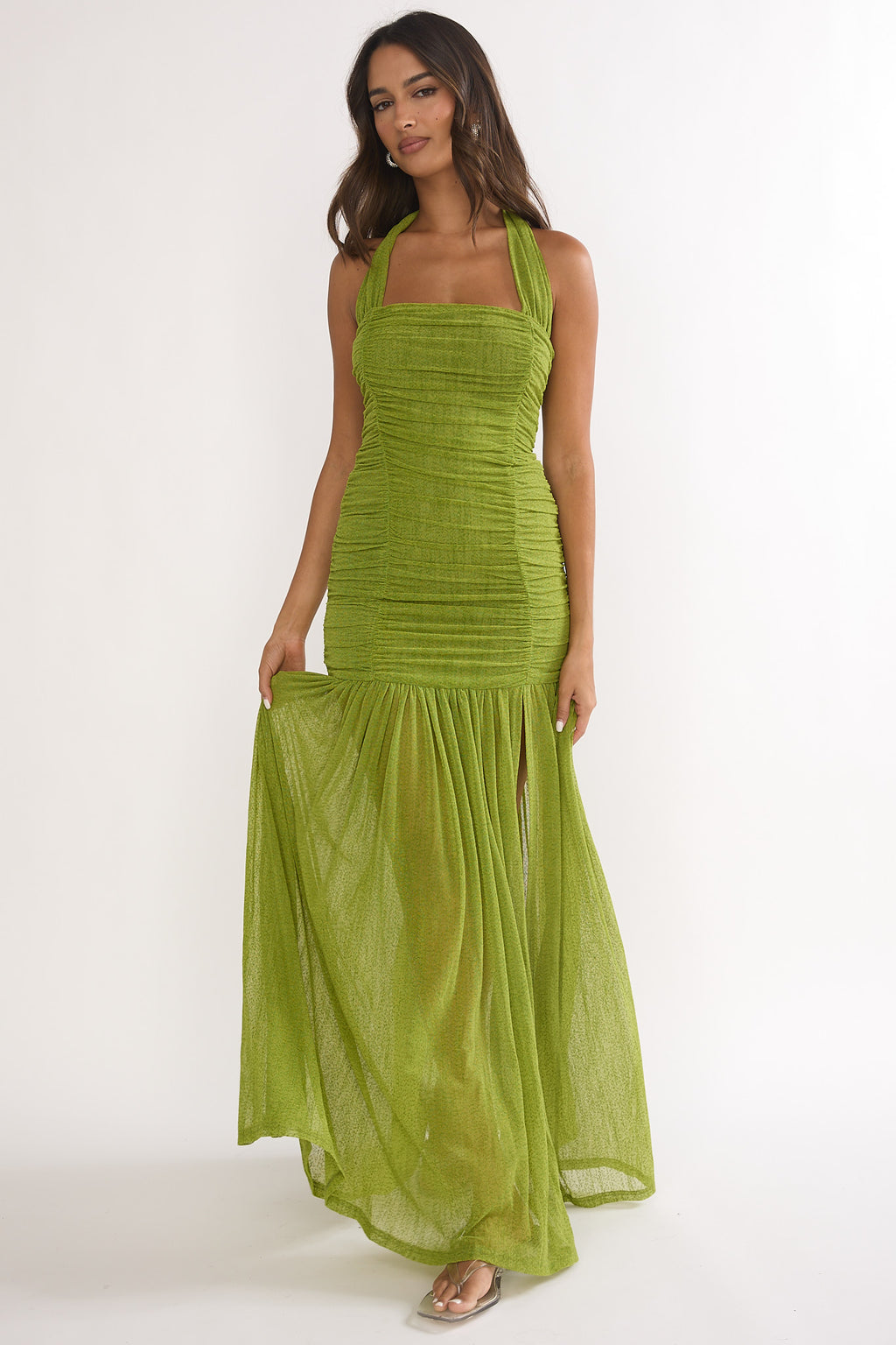 Galinda Ruched Bodice Halterneck Maxi Dress Olive by Selfie Leslie