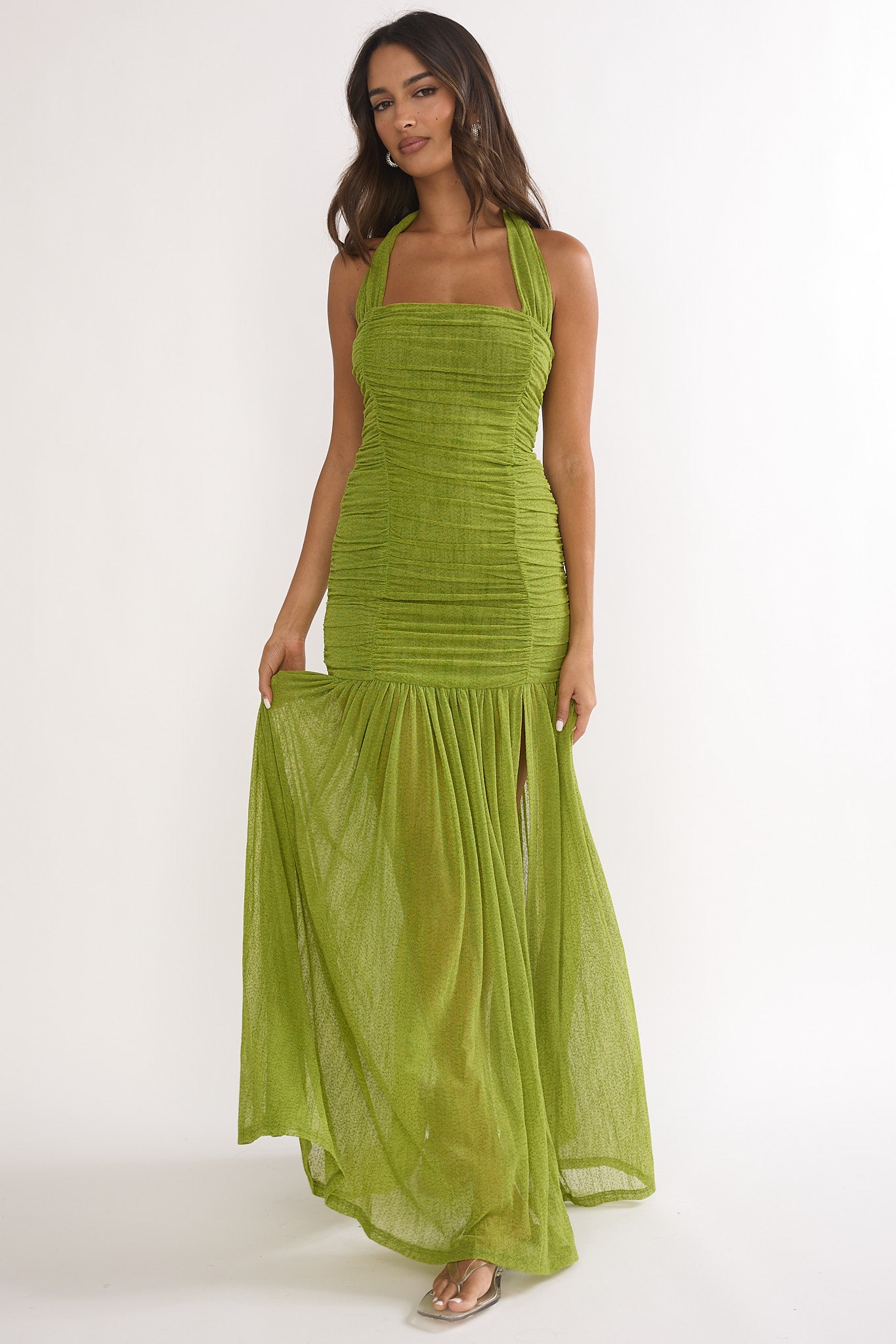 Galinda Ruched Bodice Halterneck Maxi Dress Olive by Selfie Leslie