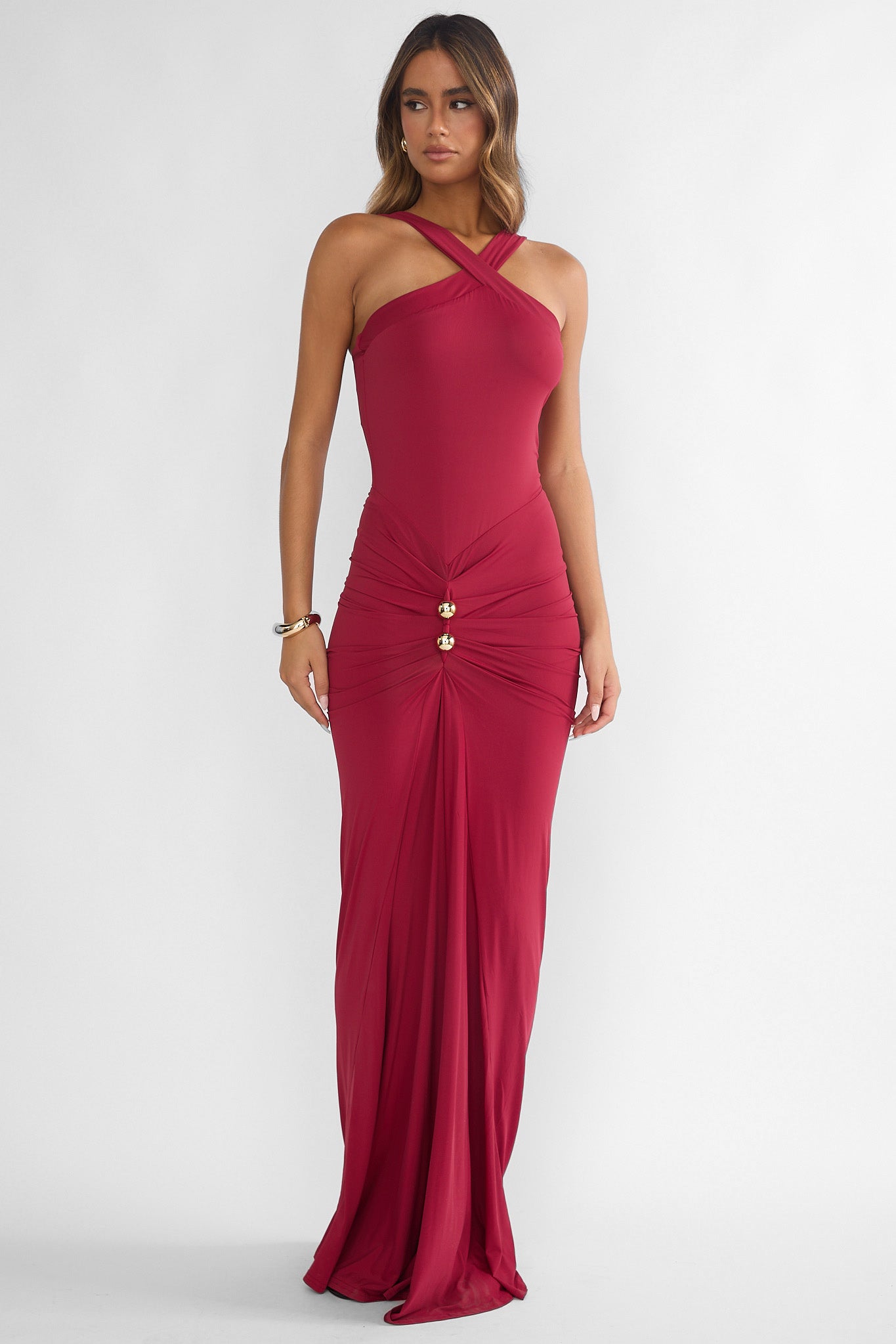 Delaina Ruched Waist Gold Accent Maxi Dress Wine by Selfie Leslie