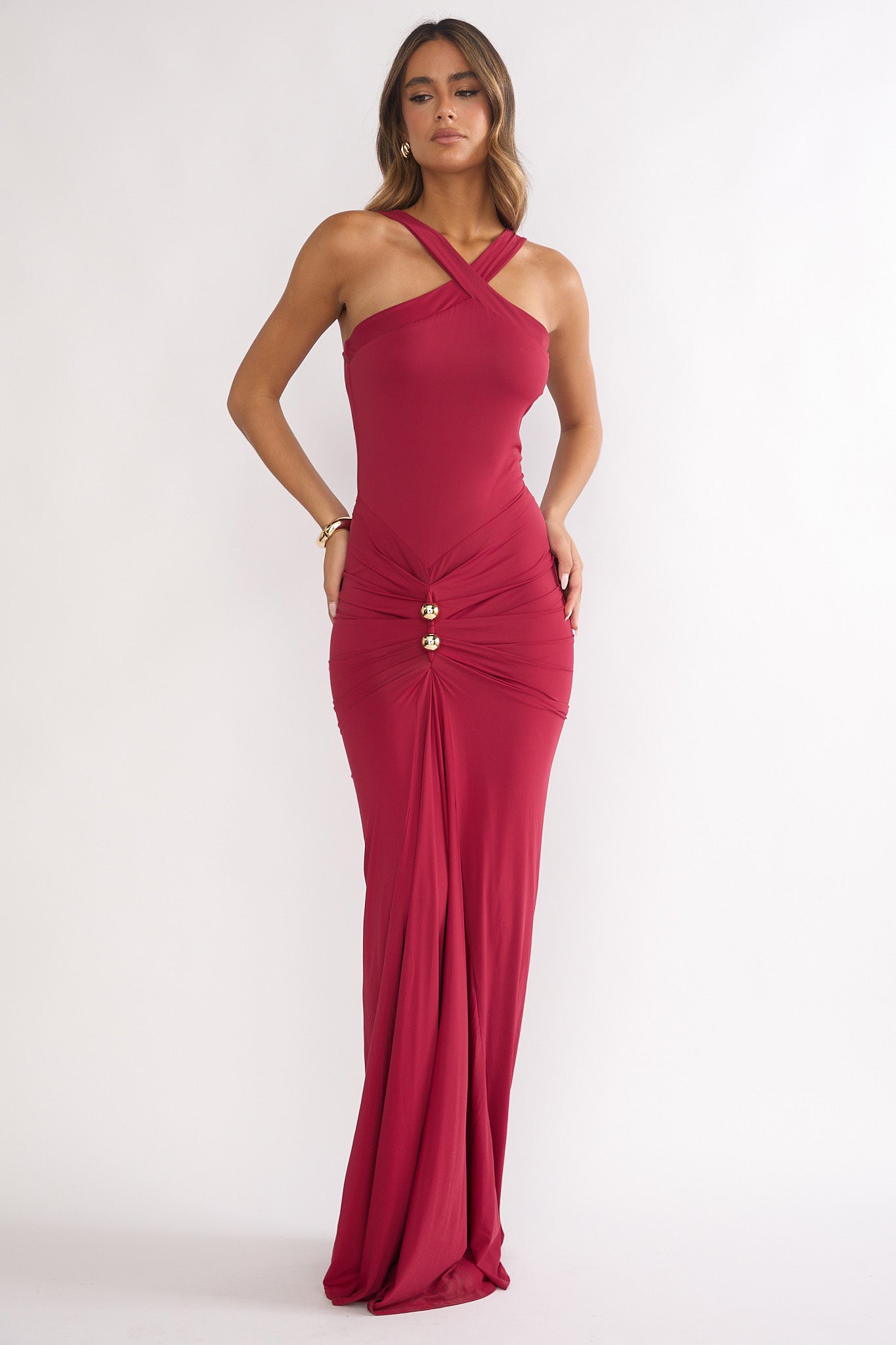 Delaina Ruched Waist Gold Accent Maxi Dress Wine by Selfie Leslie