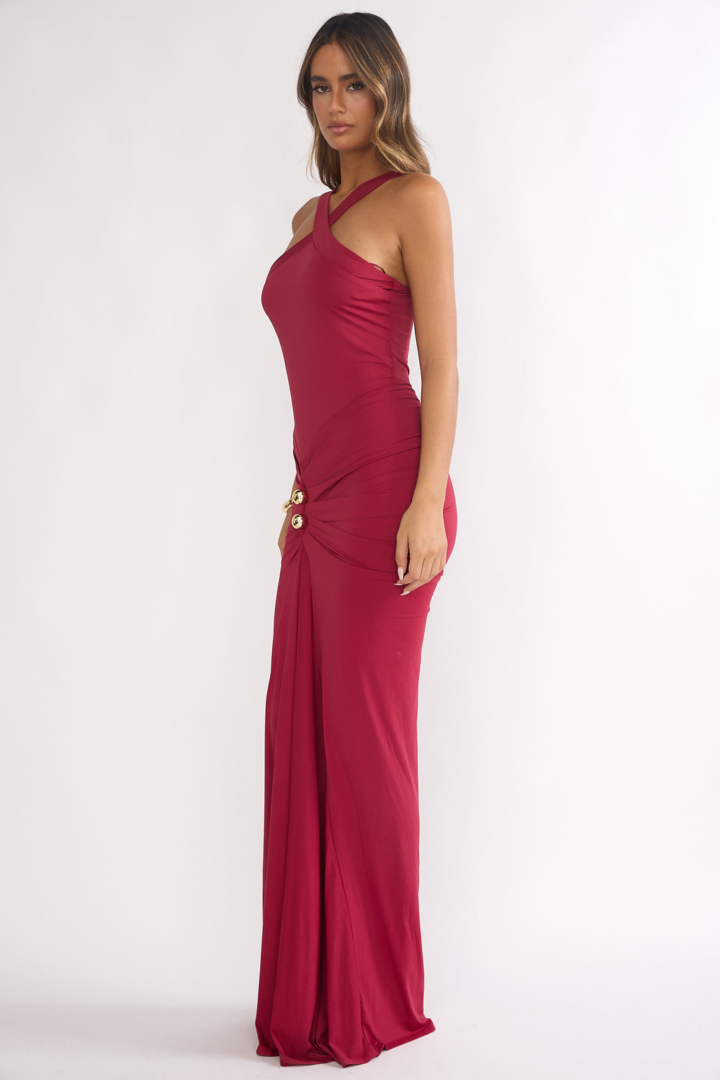 Delaina Ruched Waist Gold Accent Maxi Dress Wine by Selfie Leslie