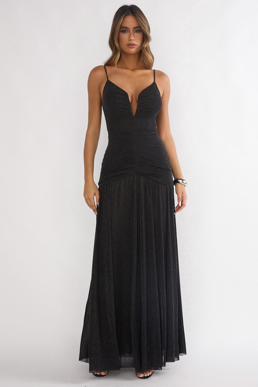 Orizel Pintuck Drop Waist Maxi Dress Sparkle Black by Selfie Leslie