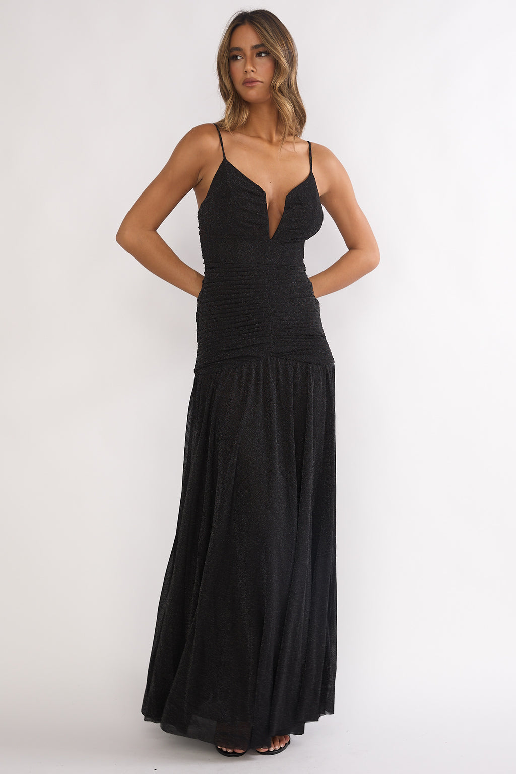 Orizel Pintuck Drop Waist Maxi Dress Sparkle Black by Selfie Leslie
