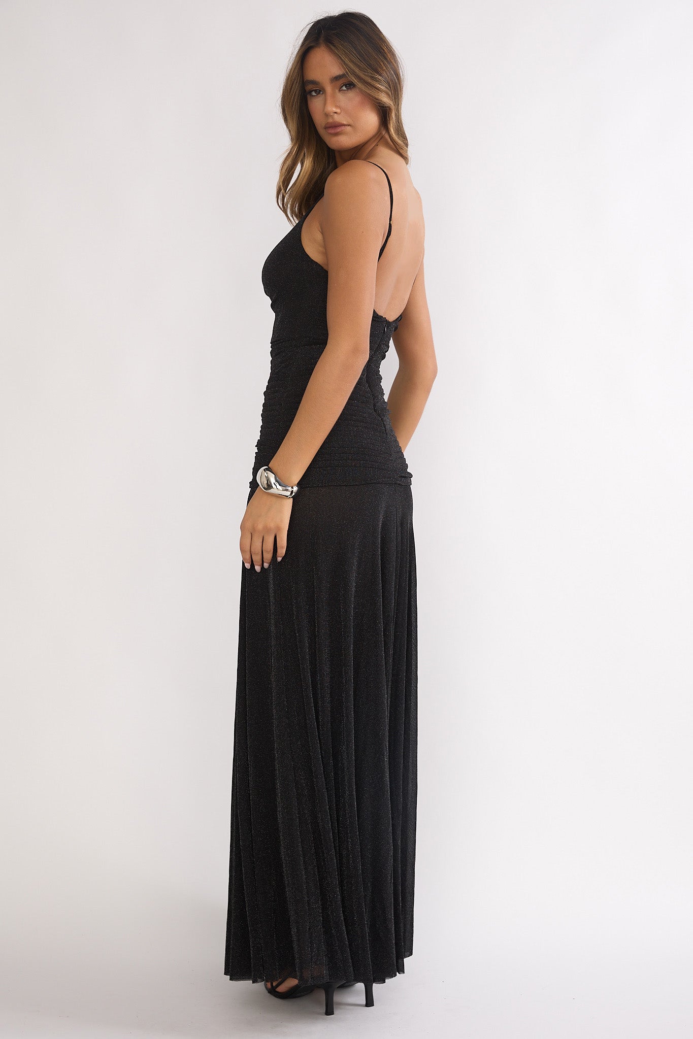Orizel Pintuck Drop Waist Maxi Dress Sparkle Black | Selfie Leslie