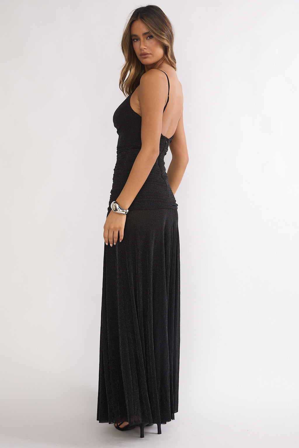 black drop waist maxi dress Orizel Pintuck Drop Waist Maxi Dress Sparkle Black