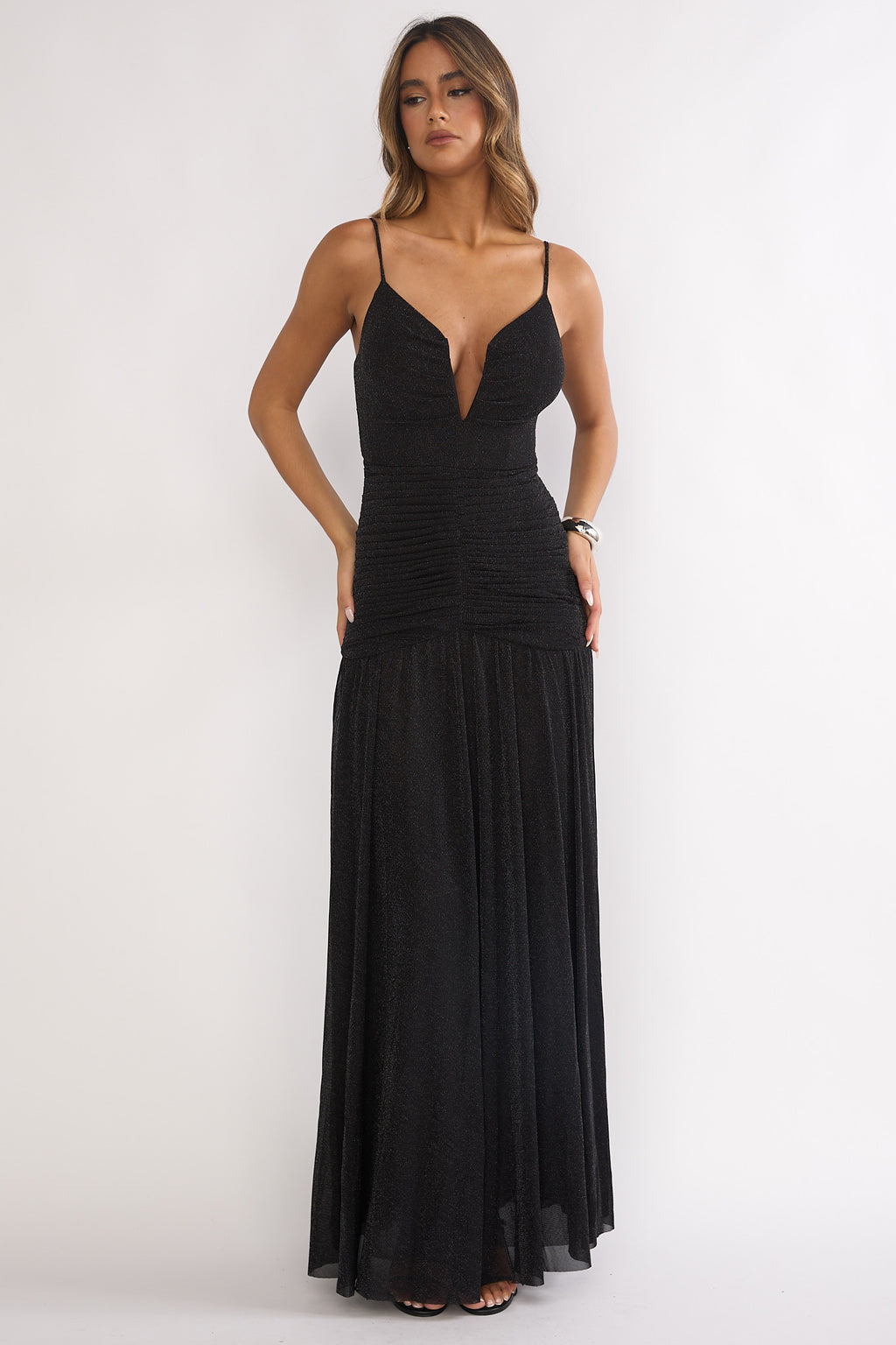 Orizel Pintuck Drop Waist Maxi Dress Sparkle Black by Selfie Leslie