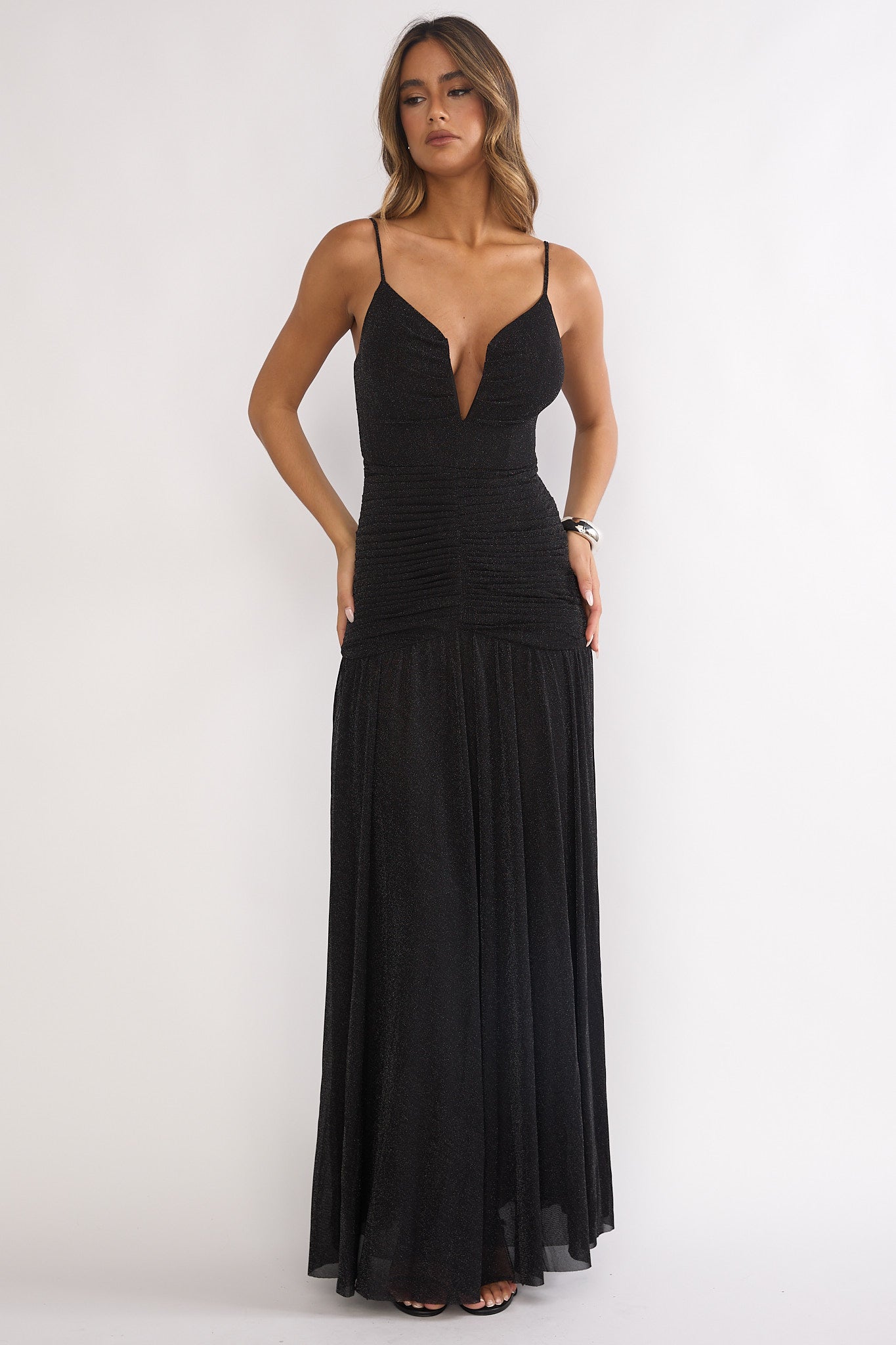 Orizel Pintuck Drop Waist Maxi Dress Sparkle Black by Selfie Leslie