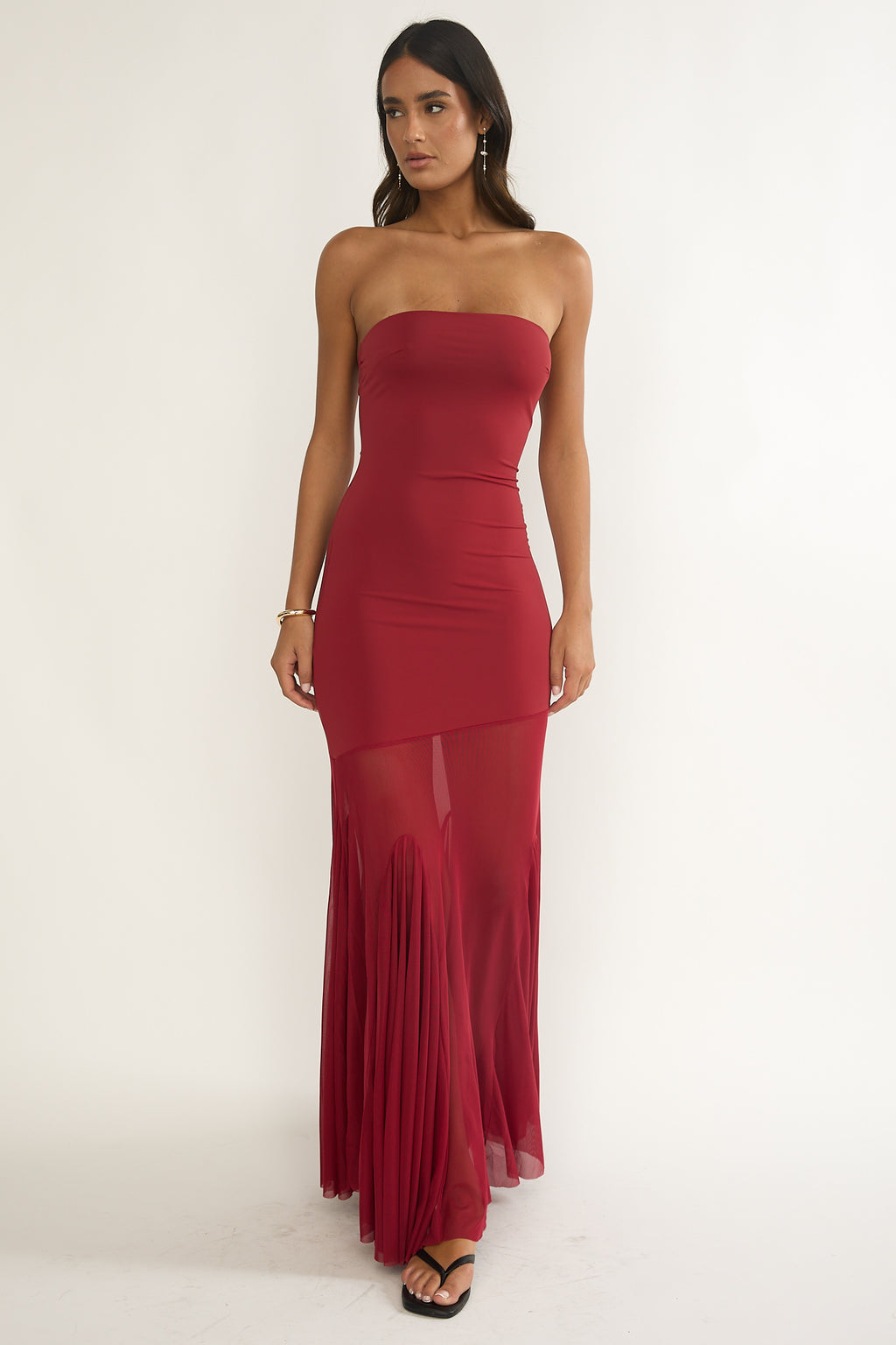 Velvet Rope Strapless Mesh Maxi Dress Wine by Selfie Leslie