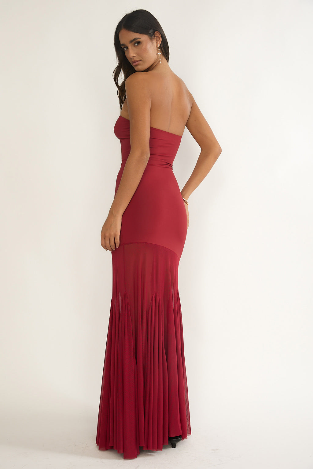 Velvet Rope Strapless Mesh Maxi Dress Wine by Selfie Leslie