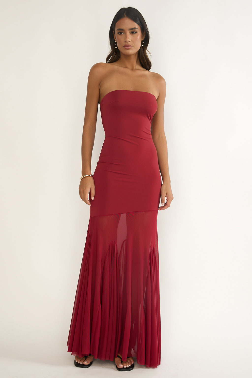 Velvet Rope Strapless Mesh Maxi Dress Wine by Selfie Leslie