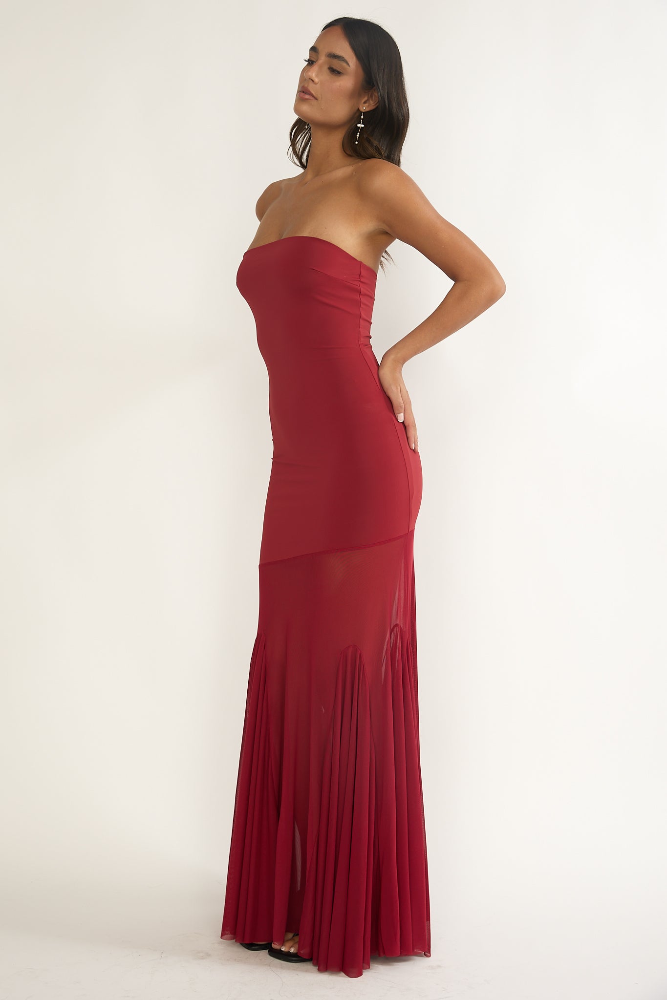 Velvet Rope Strapless Mesh Maxi Dress Wine by Selfie Leslie