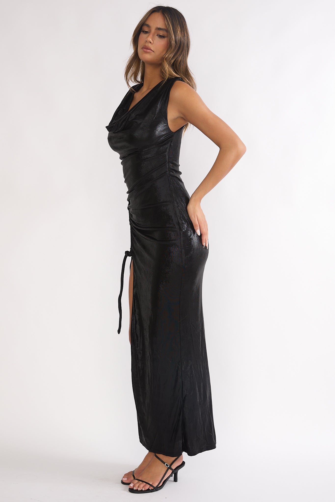 Lyrah Cowl Ruched Maxi Dress Black by Selfie Leslie