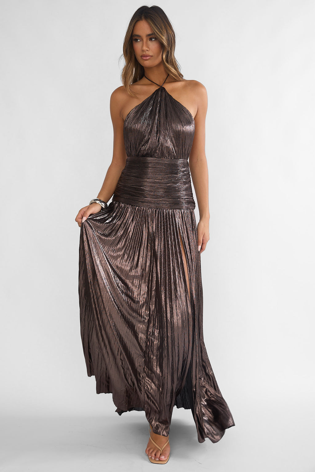 Ahmara Drop Waist Accordion Pleat Maxi Dress Gunmetal by Selfie Leslie
