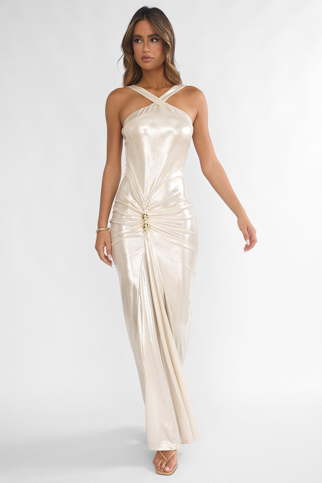 Delaina Ruched Waist Gold Accent Maxi Dress Pearl | Selfie Leslie Delaina Ruched Waist Gold Accent Maxi Dress Pearl | Selfie Leslie
