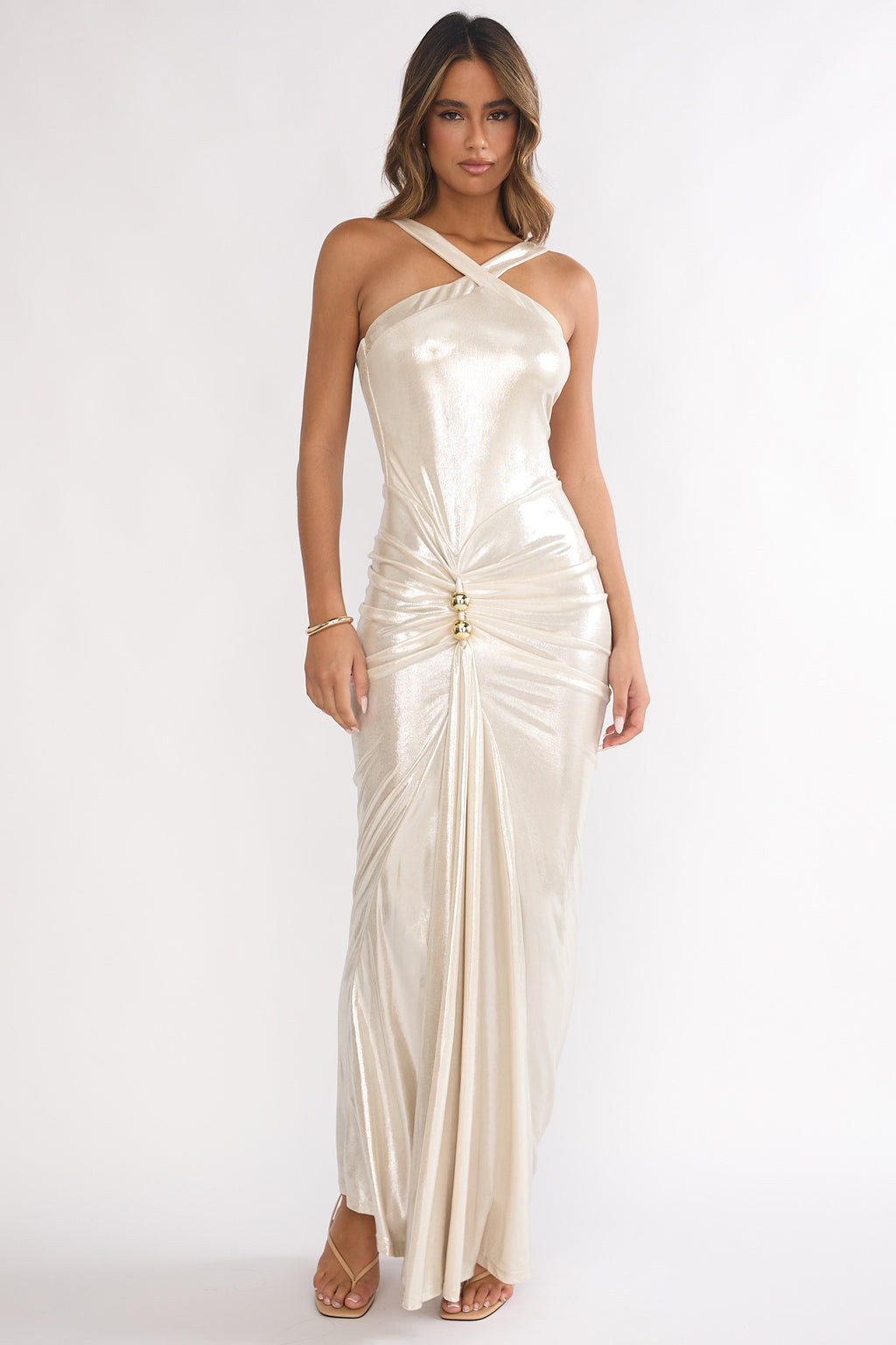 Delaina Ruched Waist Gold Accent Maxi Dress Pearl– Selfie Leslie