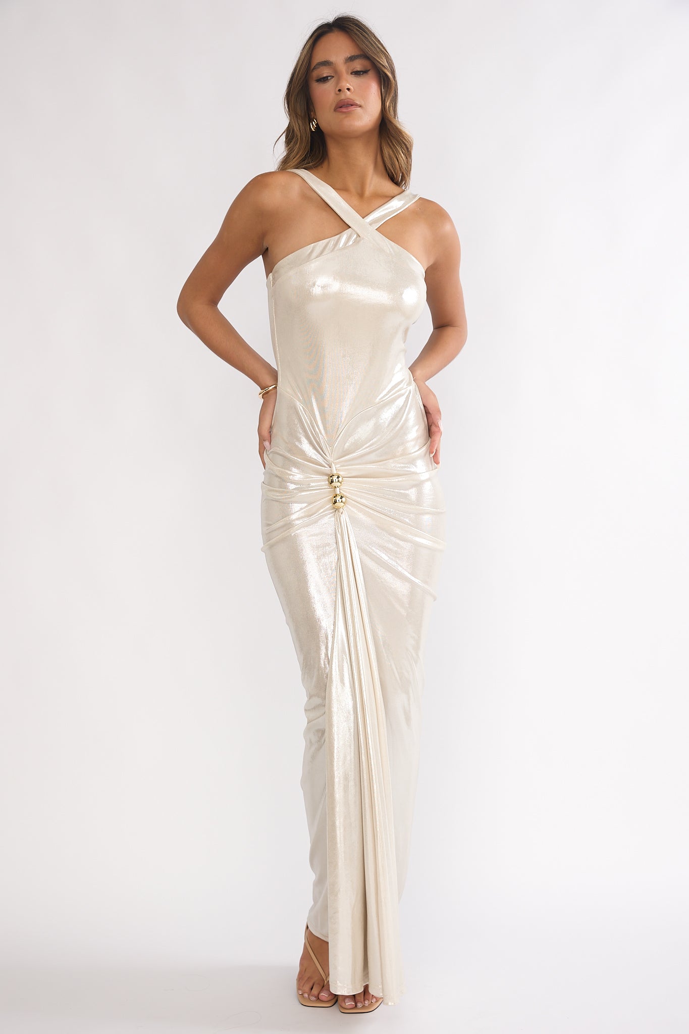 Delaina Ruched Waist Gold Accent Maxi Dress Pearl Delaina Ruched Waist Gold Accent Maxi Dress Pearl