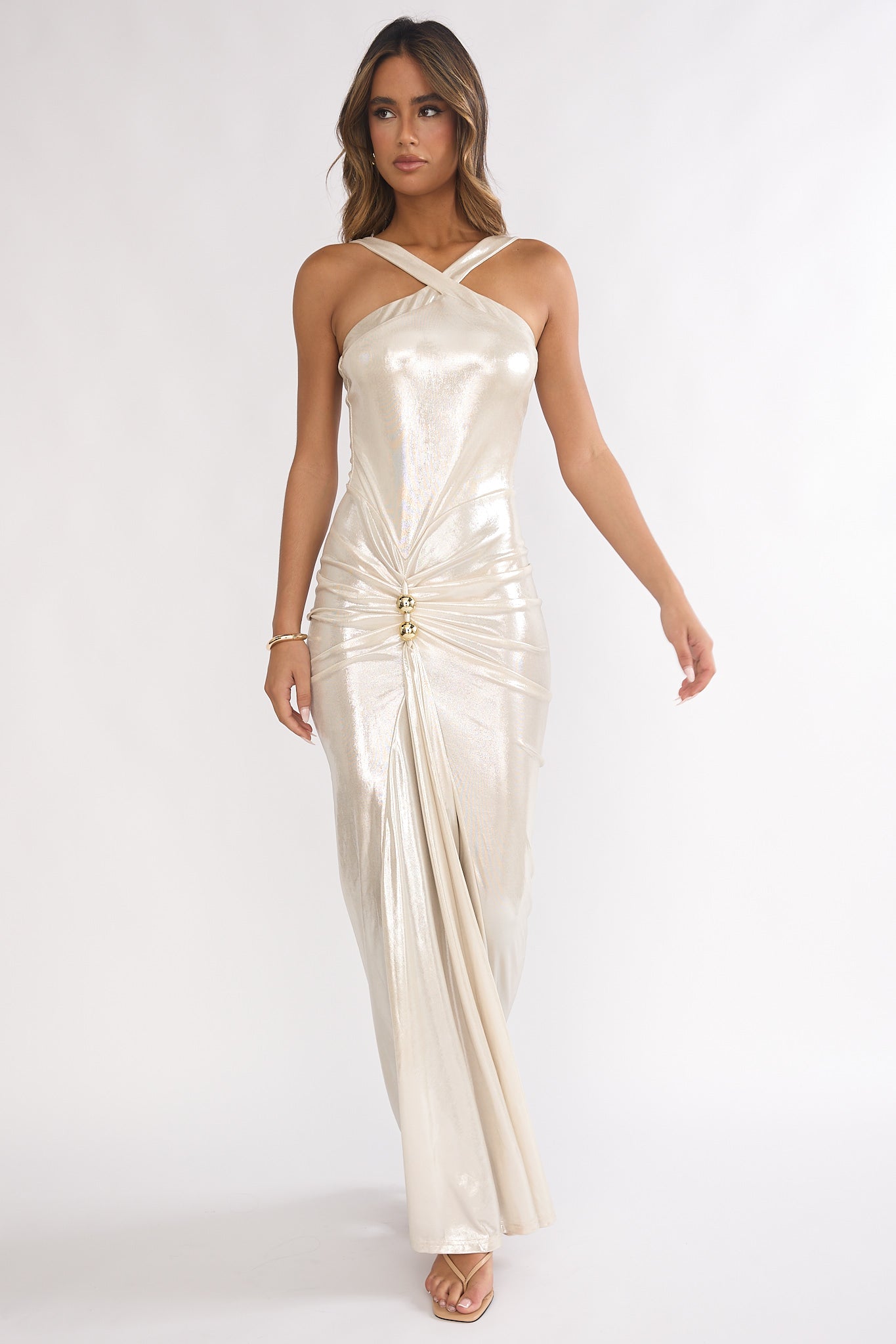 Delaina Ruched Waist Gold Accent Maxi Dress Pearl | Selfie Leslie Delaina Ruched Waist Gold Accent Maxi Dress Pearl | Selfie Leslie