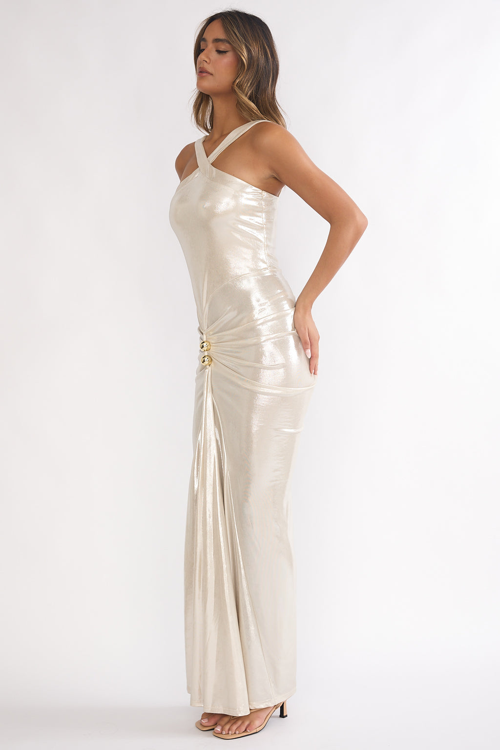 Delaina Ruched Waist Gold Accent Maxi Dress Pearl by Selfie Leslie
