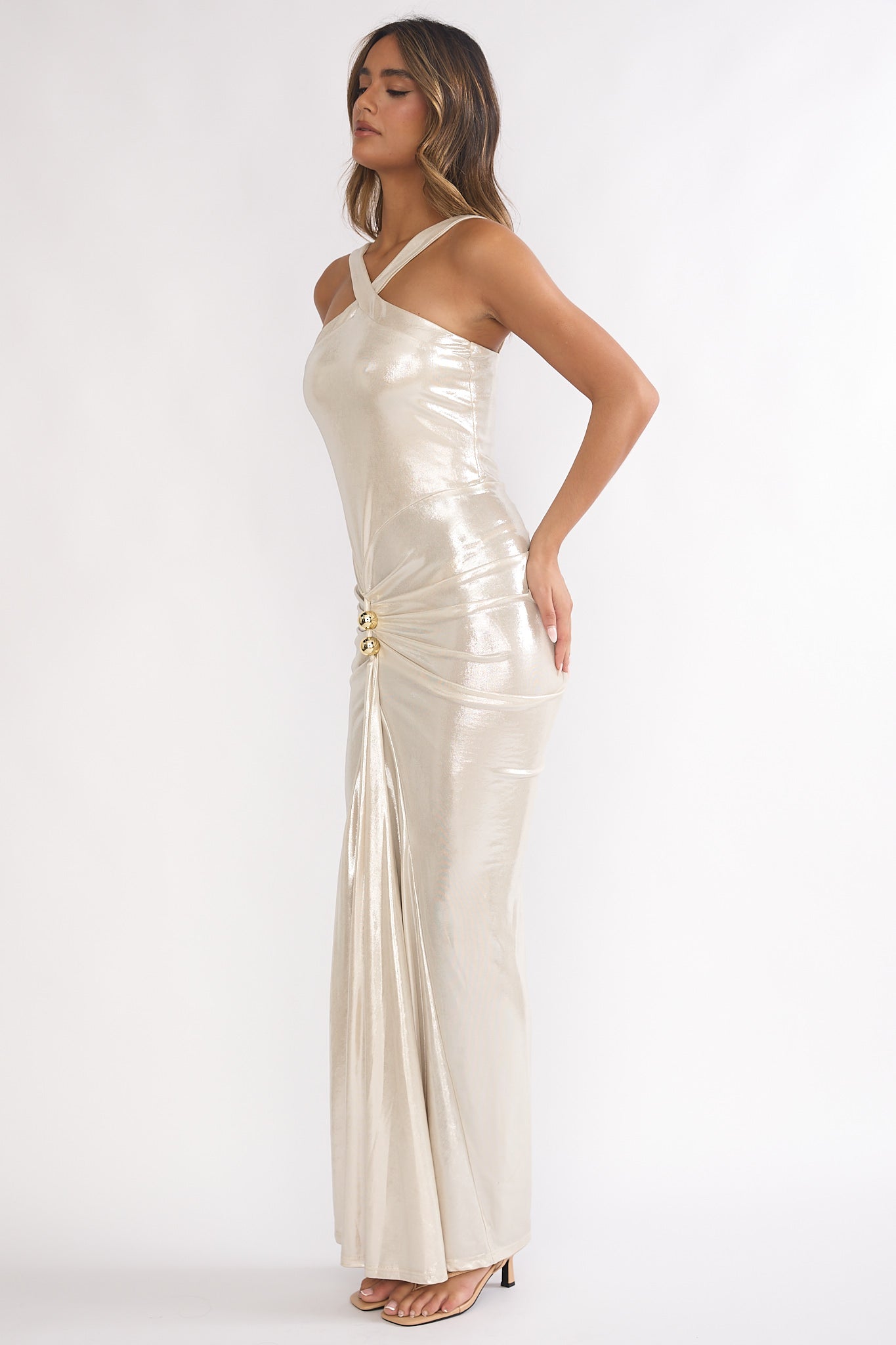 Delaina Ruched Waist Gold Accent Maxi Dress Pearl by Selfie Leslie