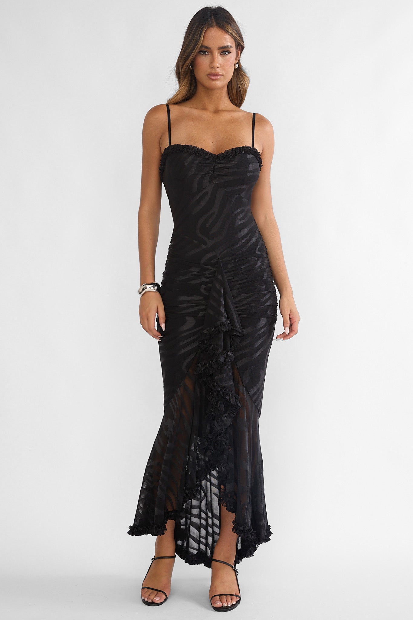 Everine Ruched Frill Trim Maxi Dress Black by Selfie Leslie