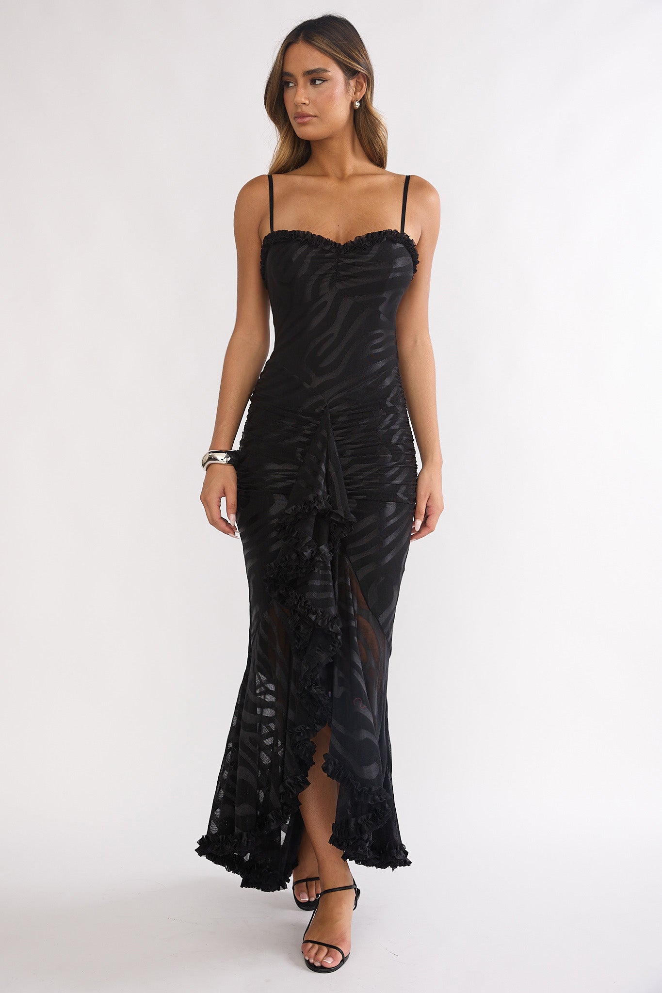 Everine Ruched Frill Trim Maxi Dress Black by Selfie Leslie