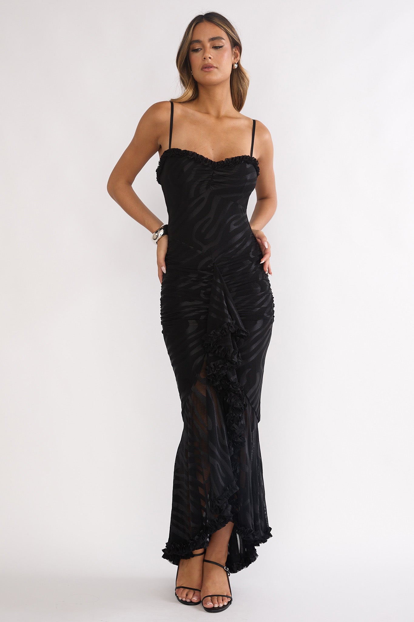 Everine Ruched Frill Trim Maxi Dress Black by Selfie Leslie