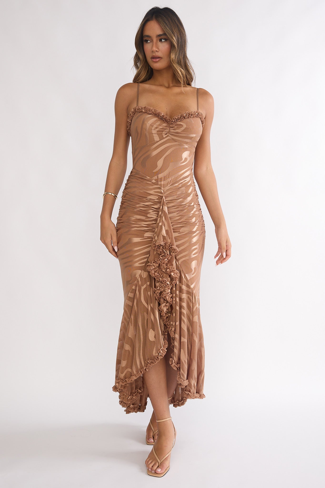 Everine Ruched Frill Trim Maxi Dress Mocha by Selfie Leslie