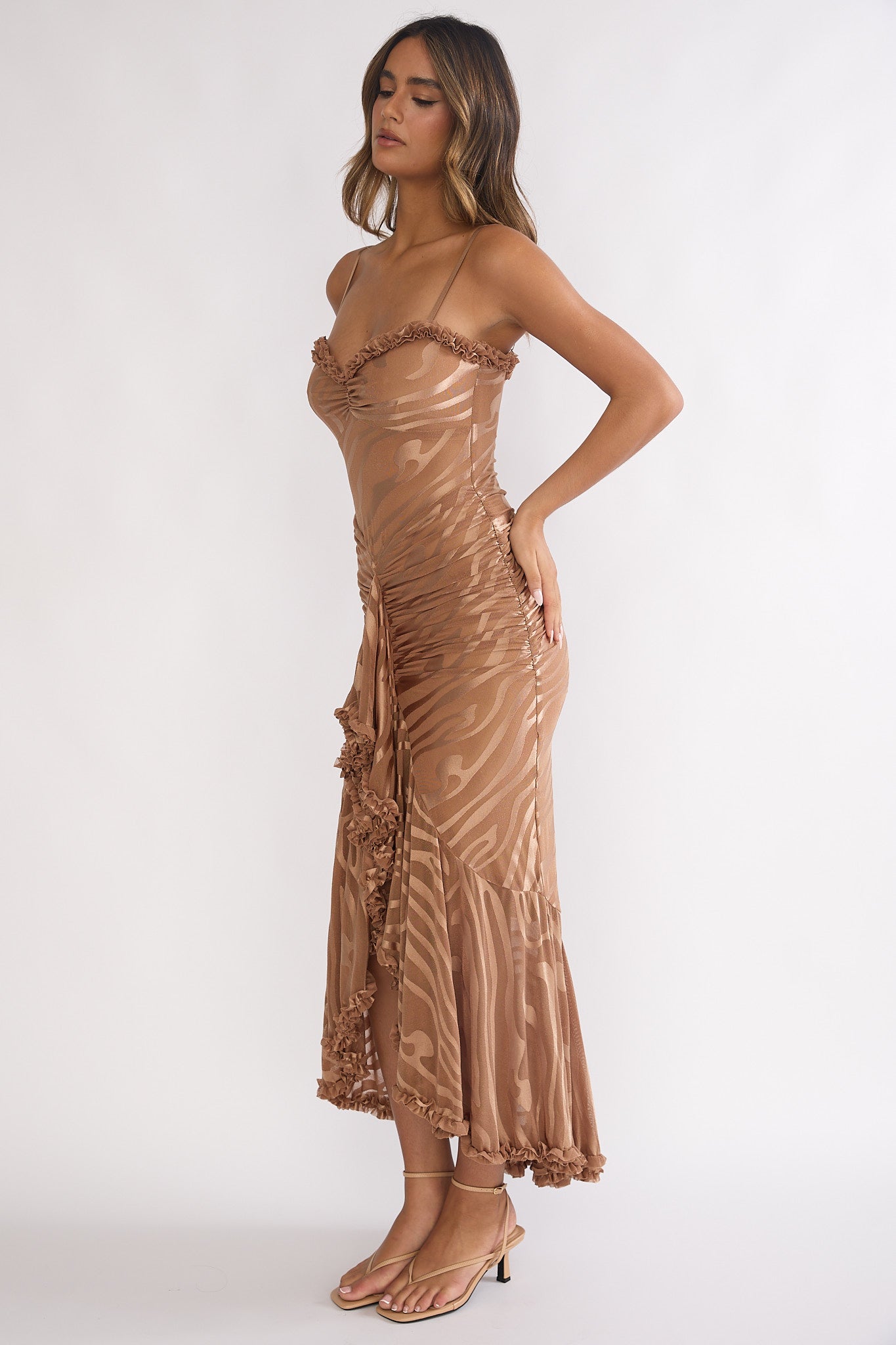 Everine Ruched Frill Trim Maxi Dress Mocha | Selfie Leslie