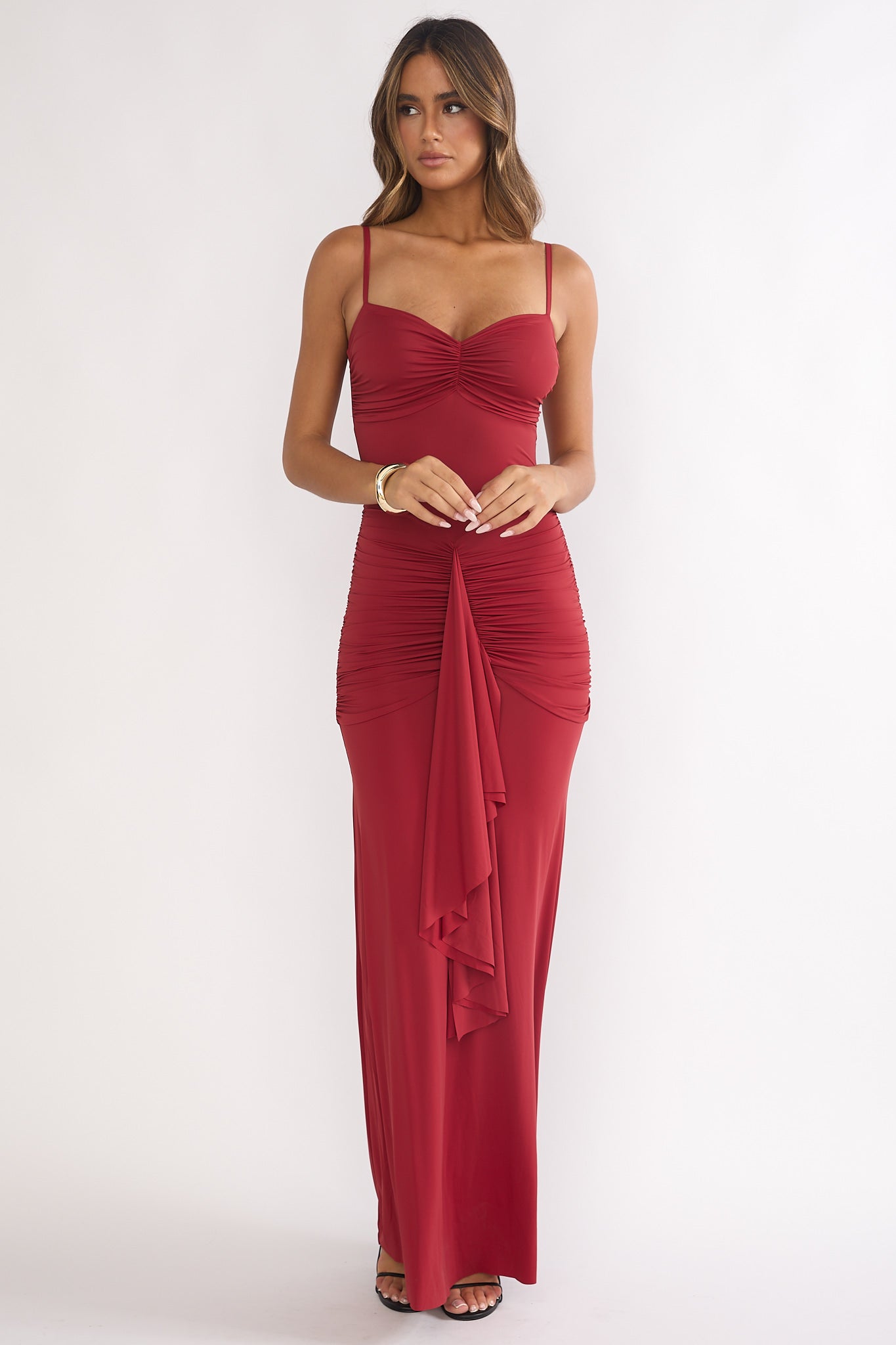 Lunara Ruched Cascade Sash Dress Wine - L Lunara Ruched Cascade Sash Dress Wine - L