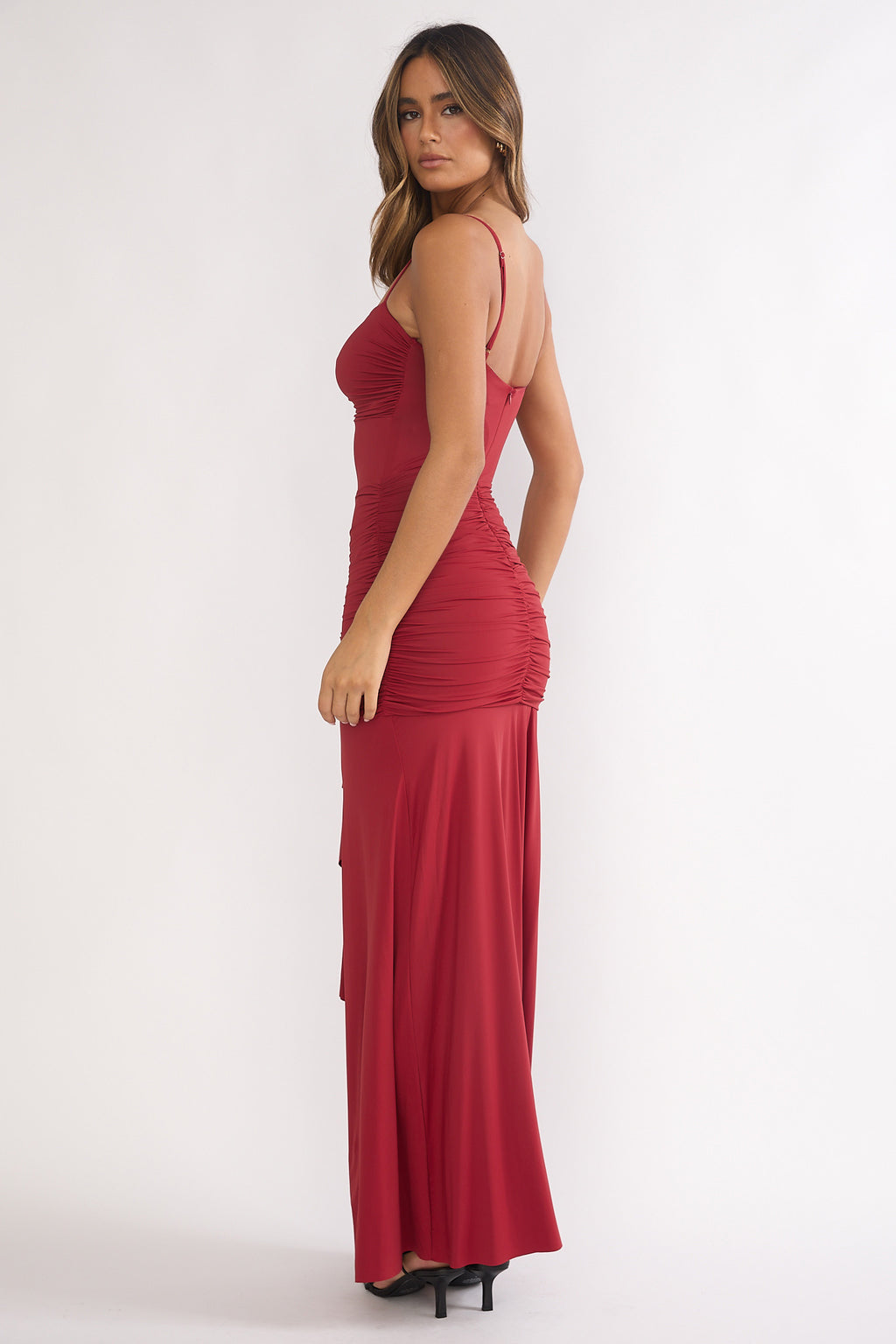 Lunara Ruched Cascade Sash Dress Wine by Selfie Leslie