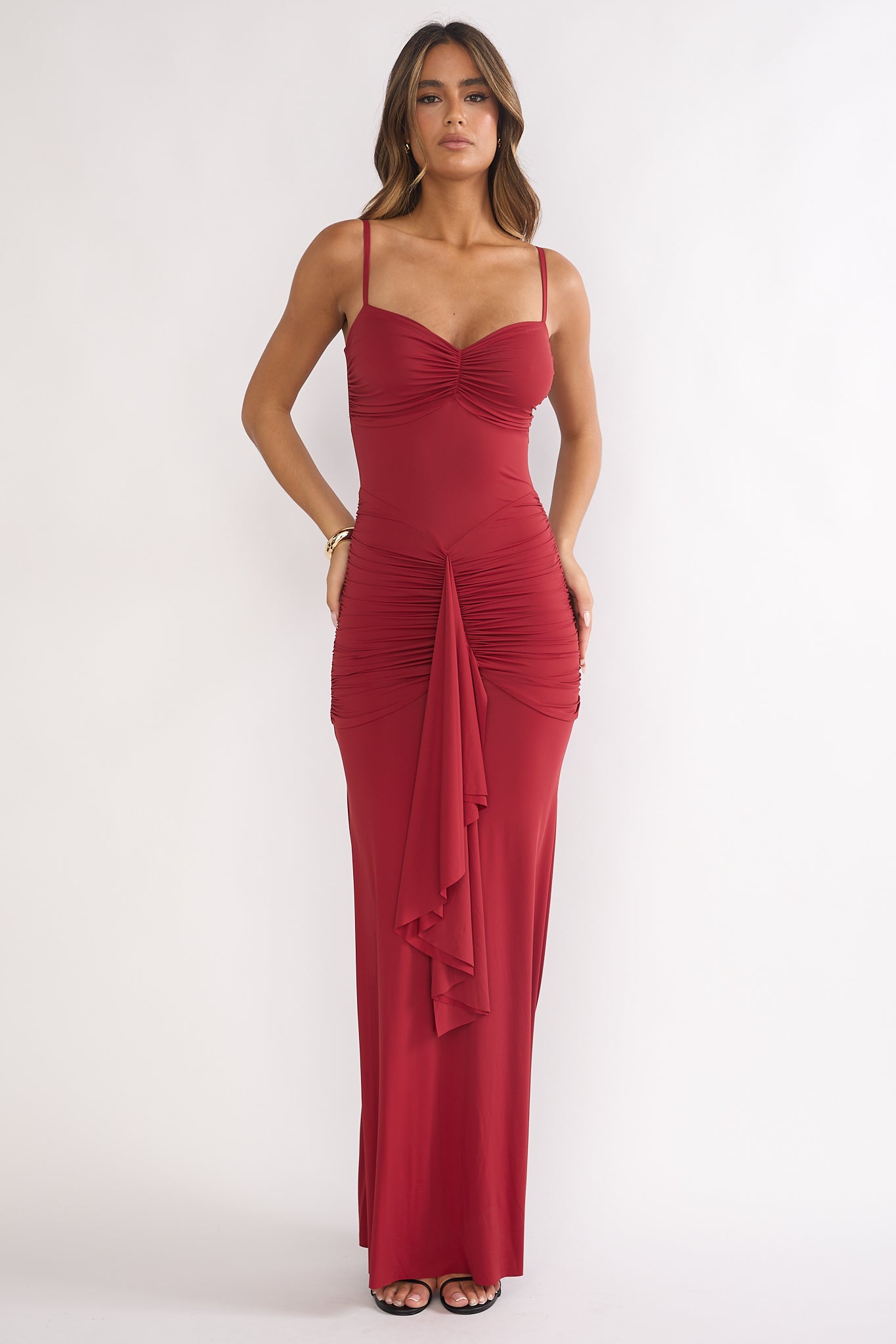 Lunara Ruched Cascade Sash Dress Wine by Selfie Leslie