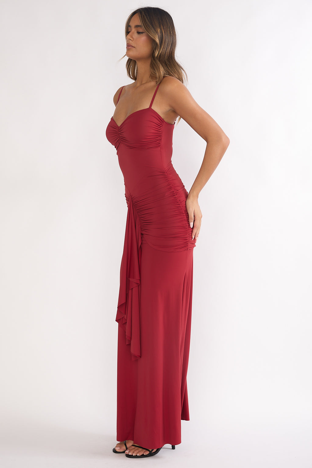 Lunara Ruched Cascade Sash Dress Wine by Selfie Leslie