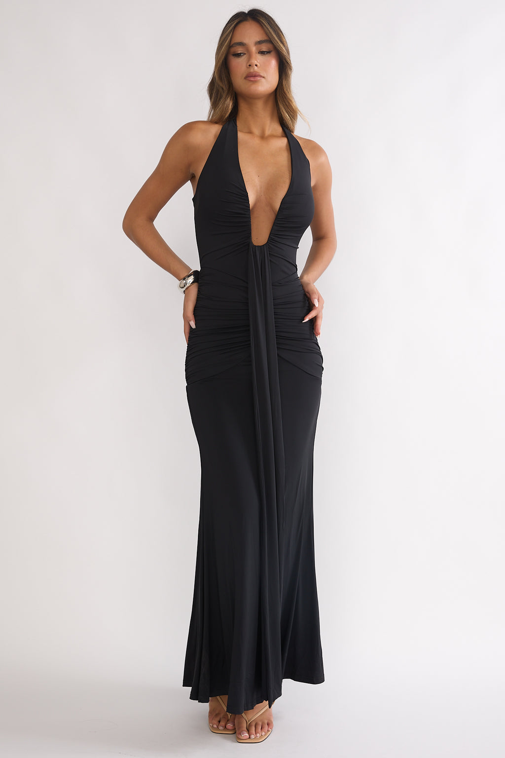 Brienna Halter Ruched Maxi Dress Black by Selfie Leslie