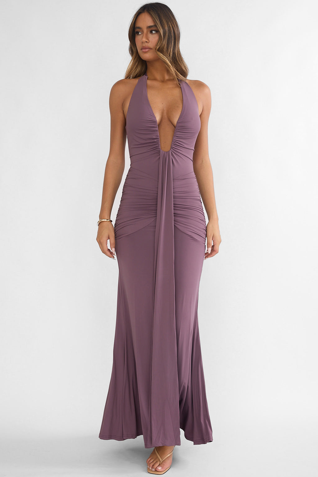 Brienna Halter Ruched Maxi Dress Mauve by Selfie Leslie