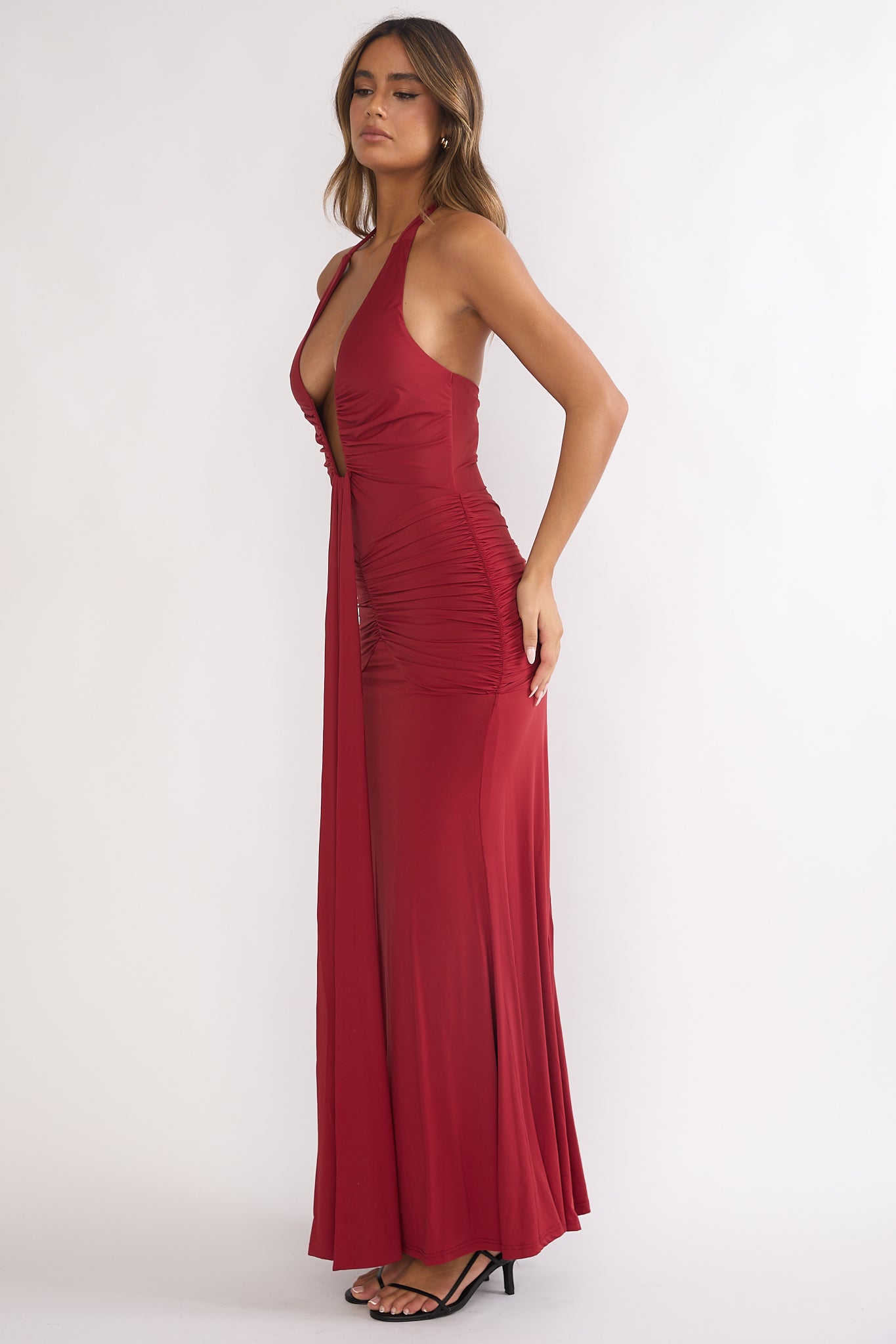 Brienna Halter Ruched Maxi Dress Wine