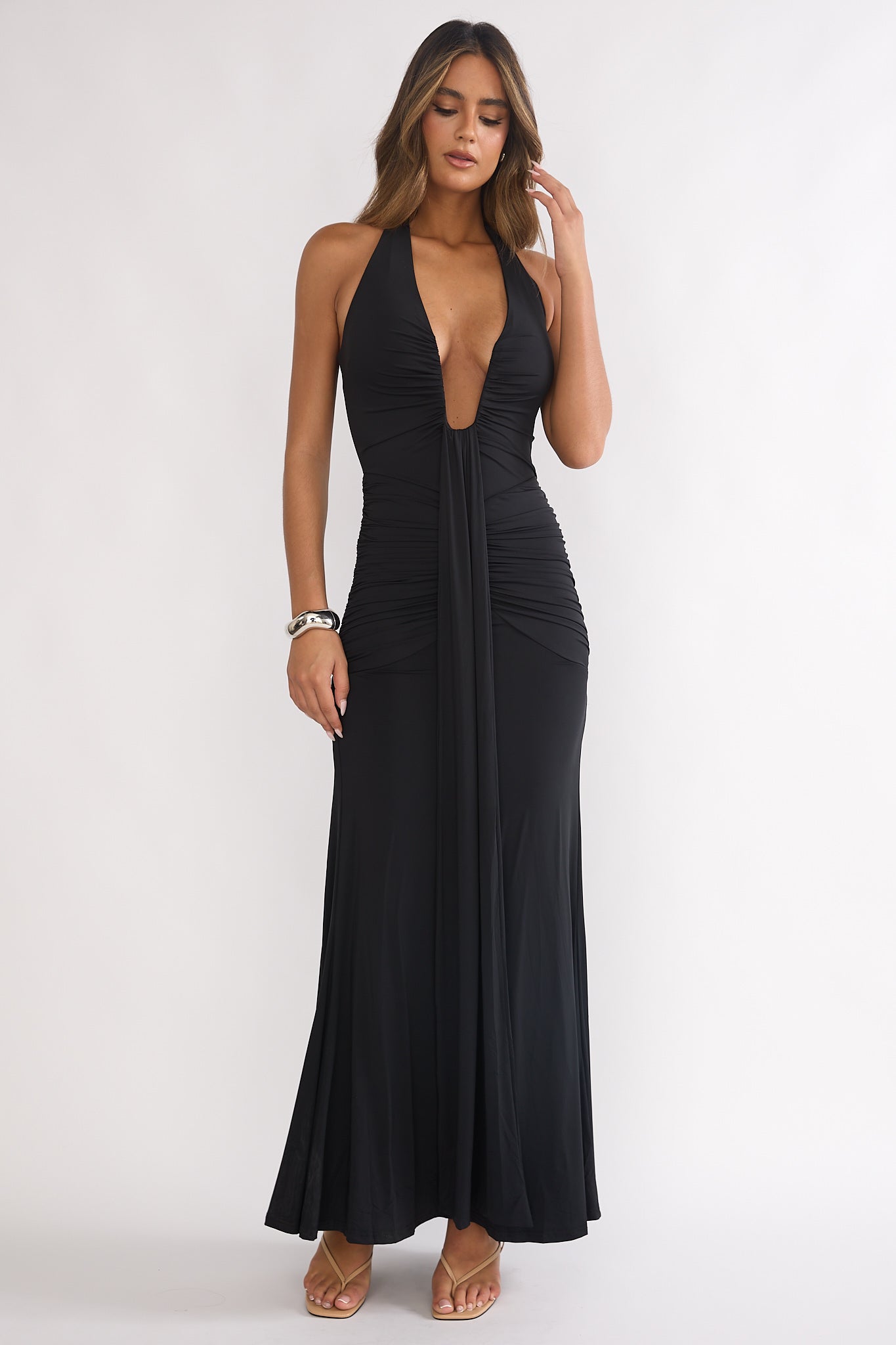 knee length dresses for ladies Brienna Halter Ruched Maxi Dress Black– Selfie Leslie