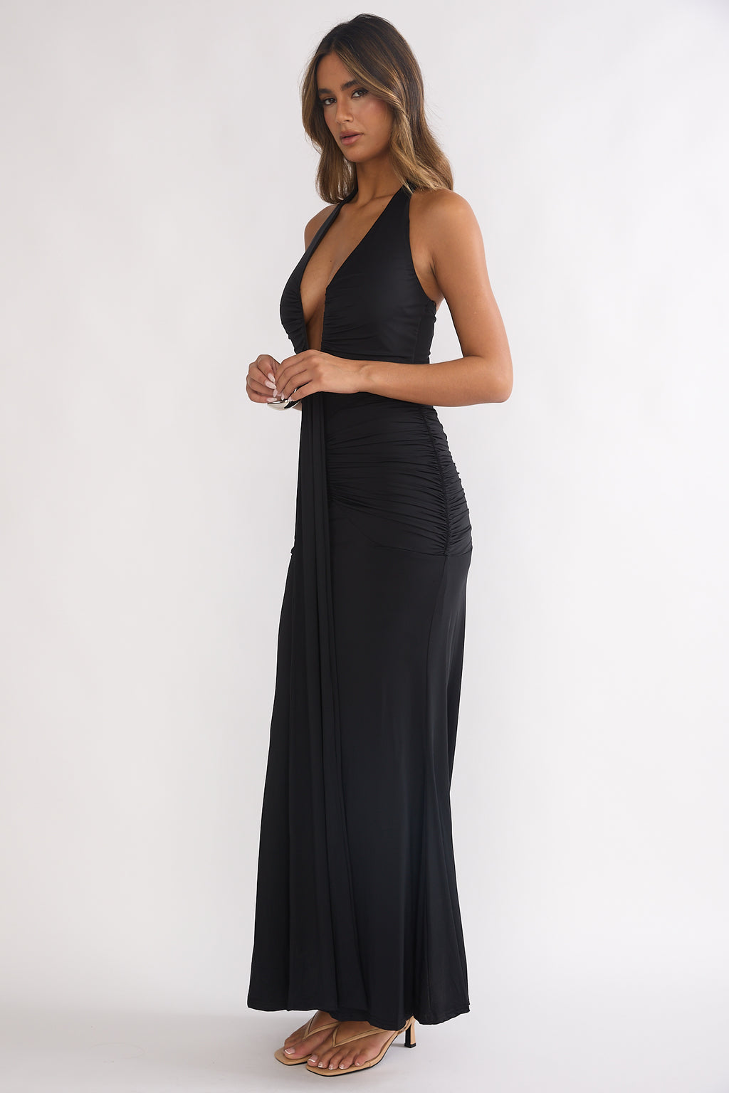 Brienna Halter Ruched Maxi Dress Black by Selfie Leslie