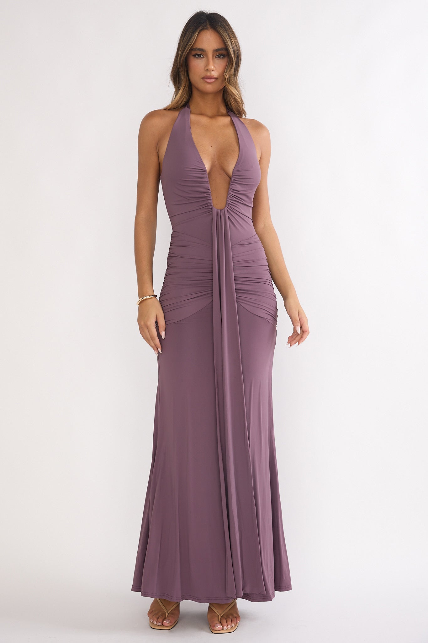 Brienna Halter Ruched Maxi Dress Mauve by Selfie Leslie