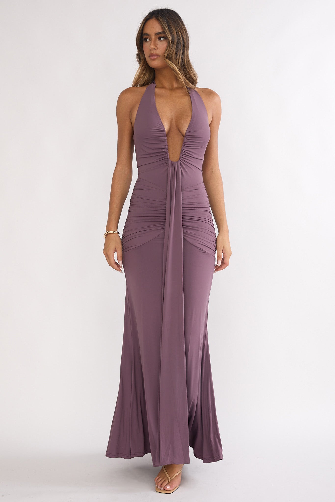 Brienna Halter Ruched Maxi Dress Mauve Selfie Leslie Brienna Halter Ruched Maxi Dress Mauve Selfie Leslie