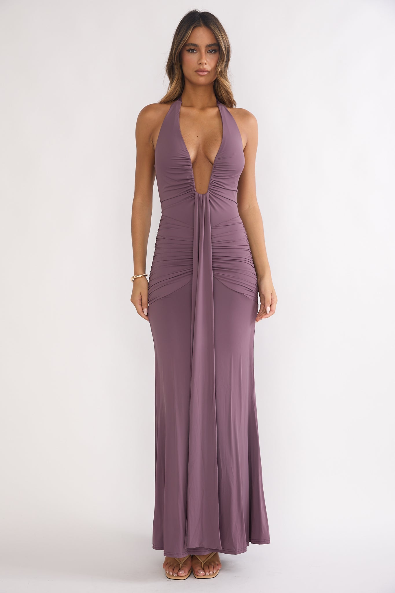 Brienna Halter Ruched Maxi Dress Mauve | Selfie Leslie