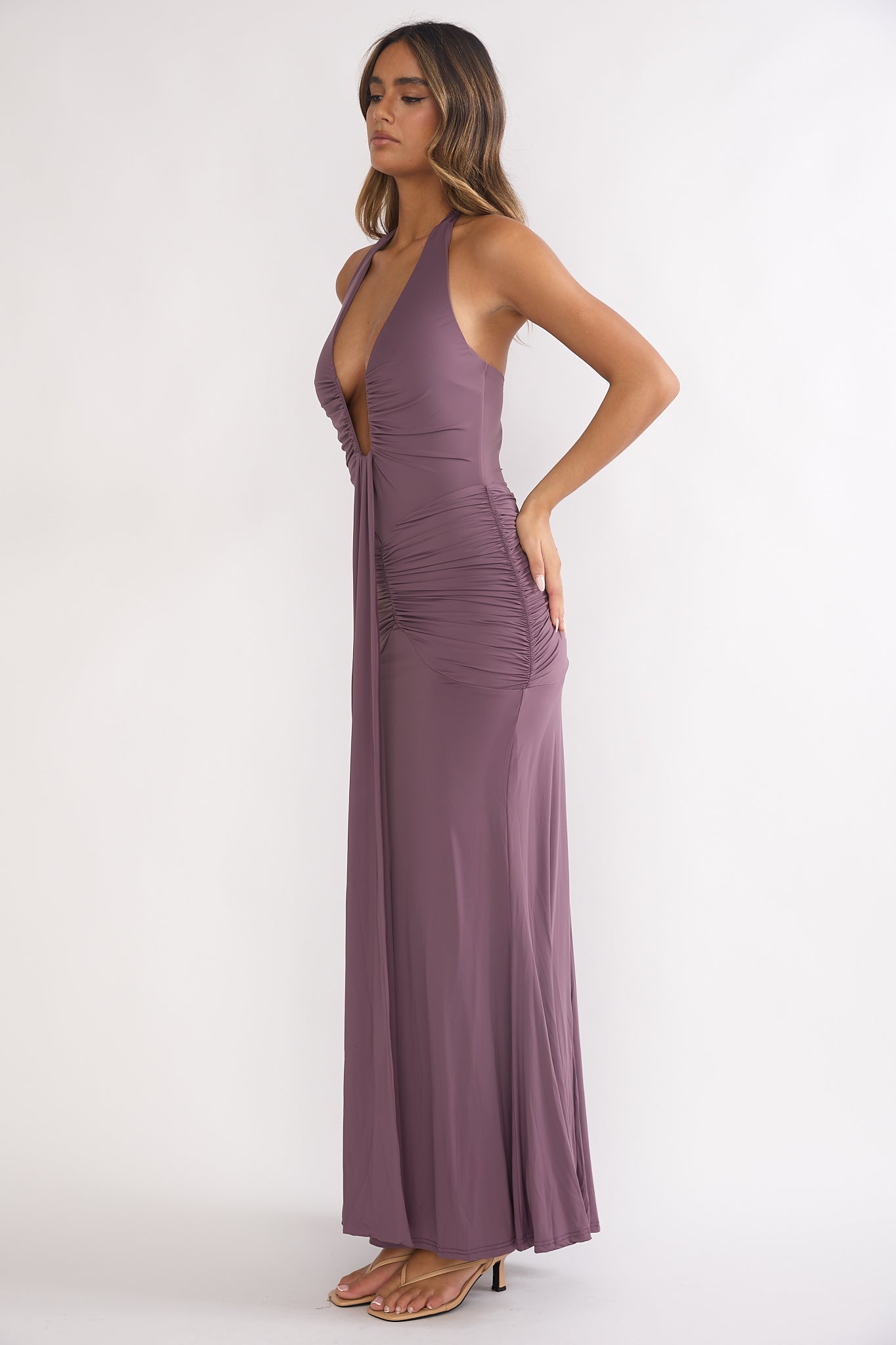 Brienna Halter Ruched Maxi Dress Mauve by Selfie Leslie