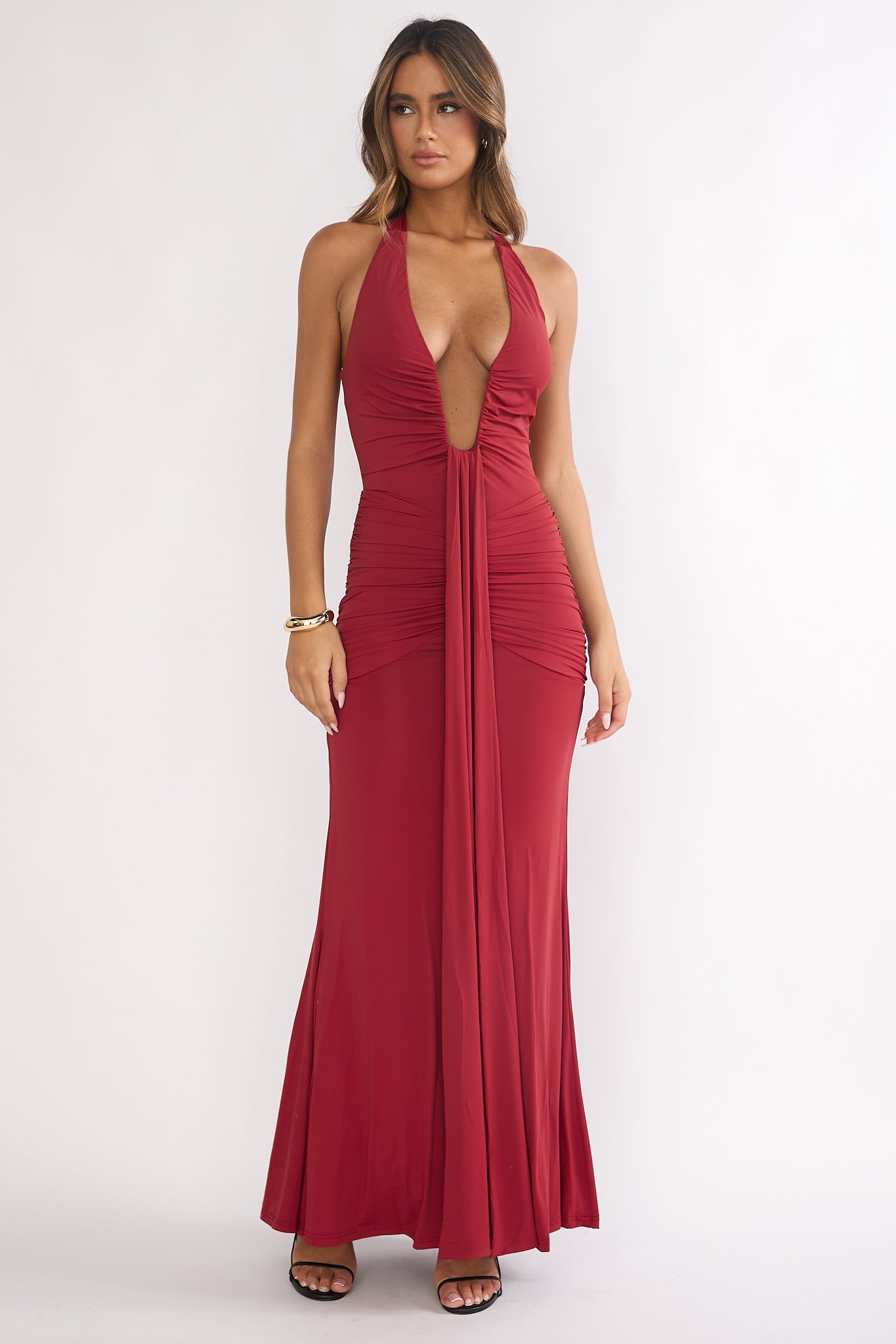 Brienna Halter Ruched Maxi Dress Wine by Selfie Leslie